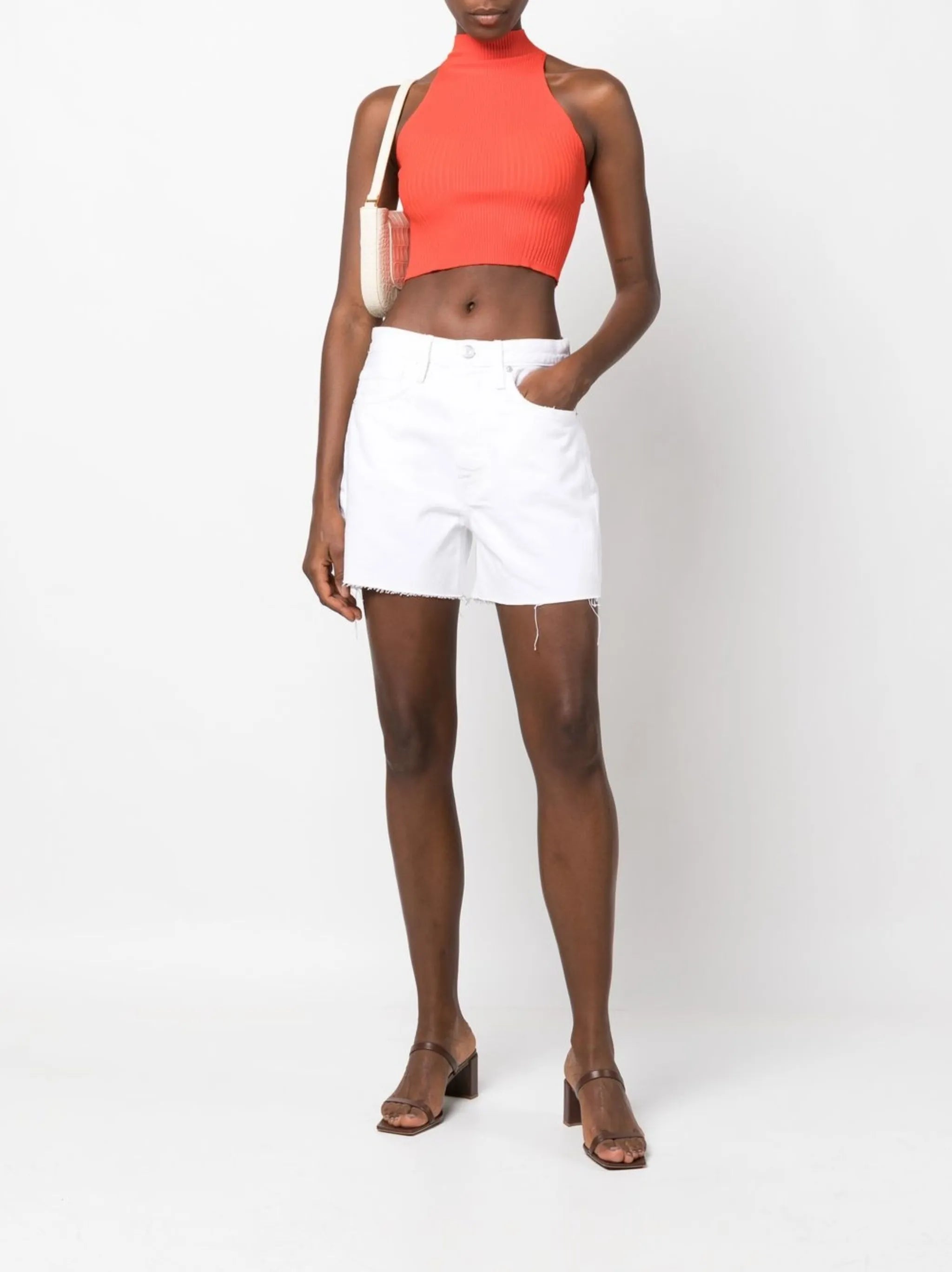 high-rise flared denim shorts