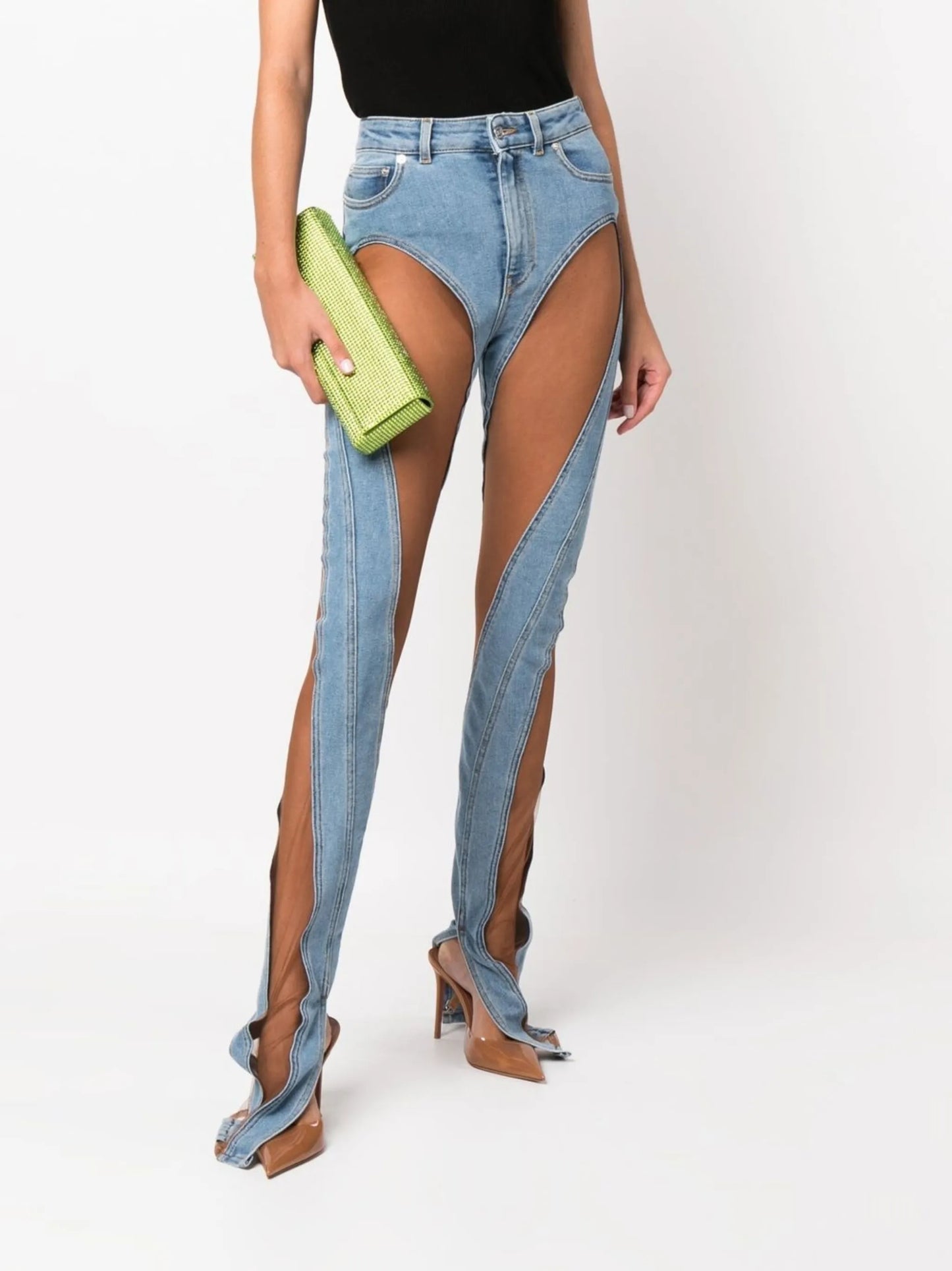 tulle panelled slim fit jeans