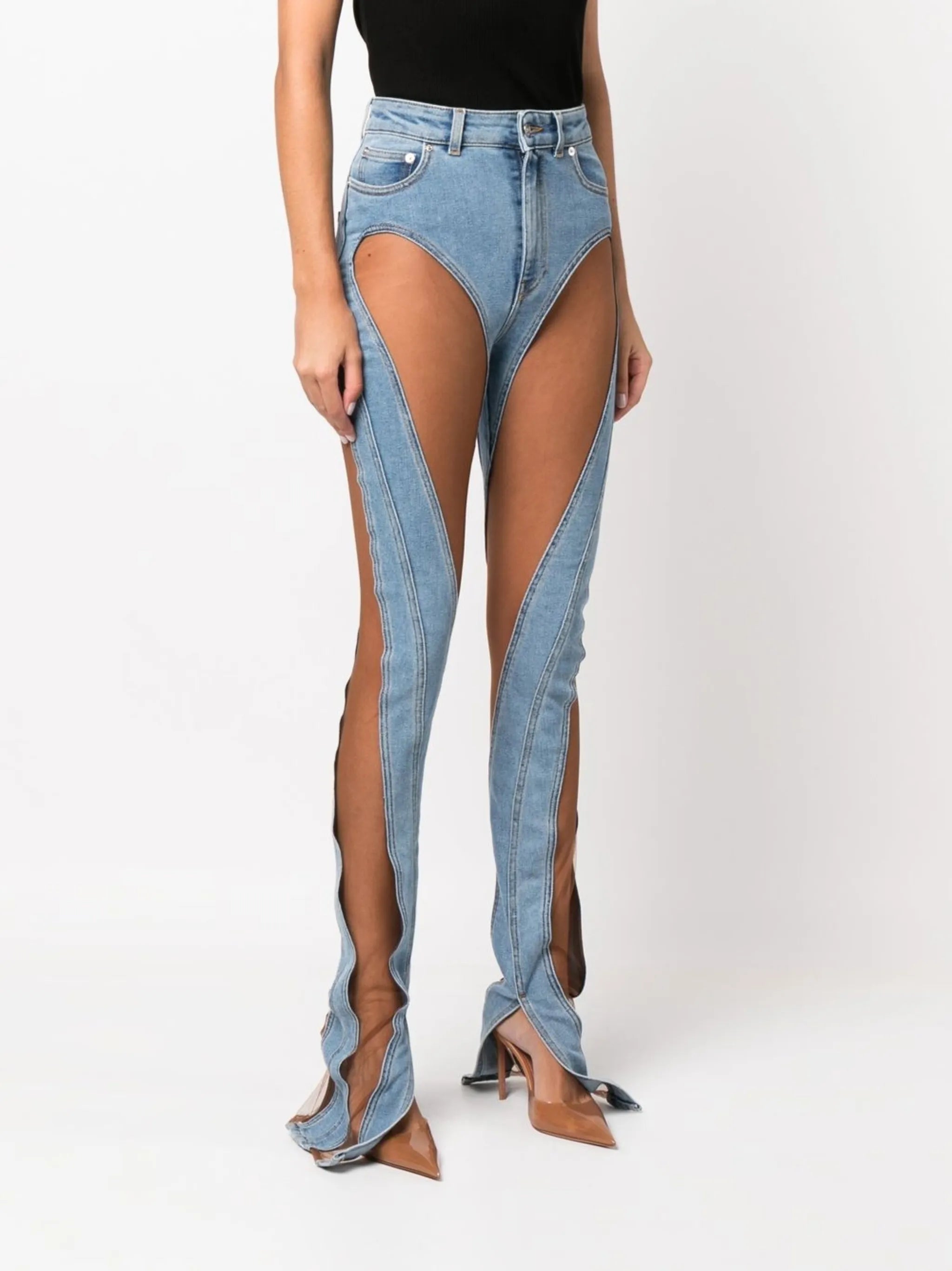 tulle panelled slim fit jeans