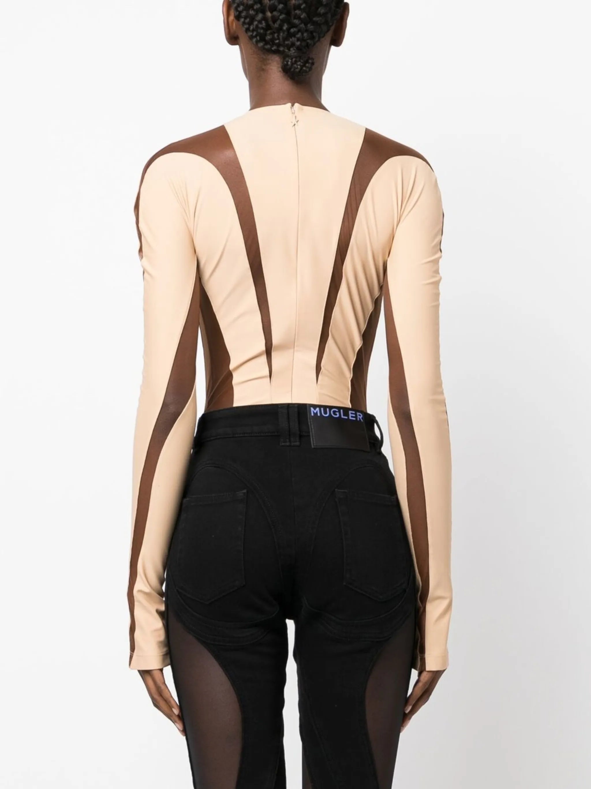 panelled long-sleeve sheer bodysuit