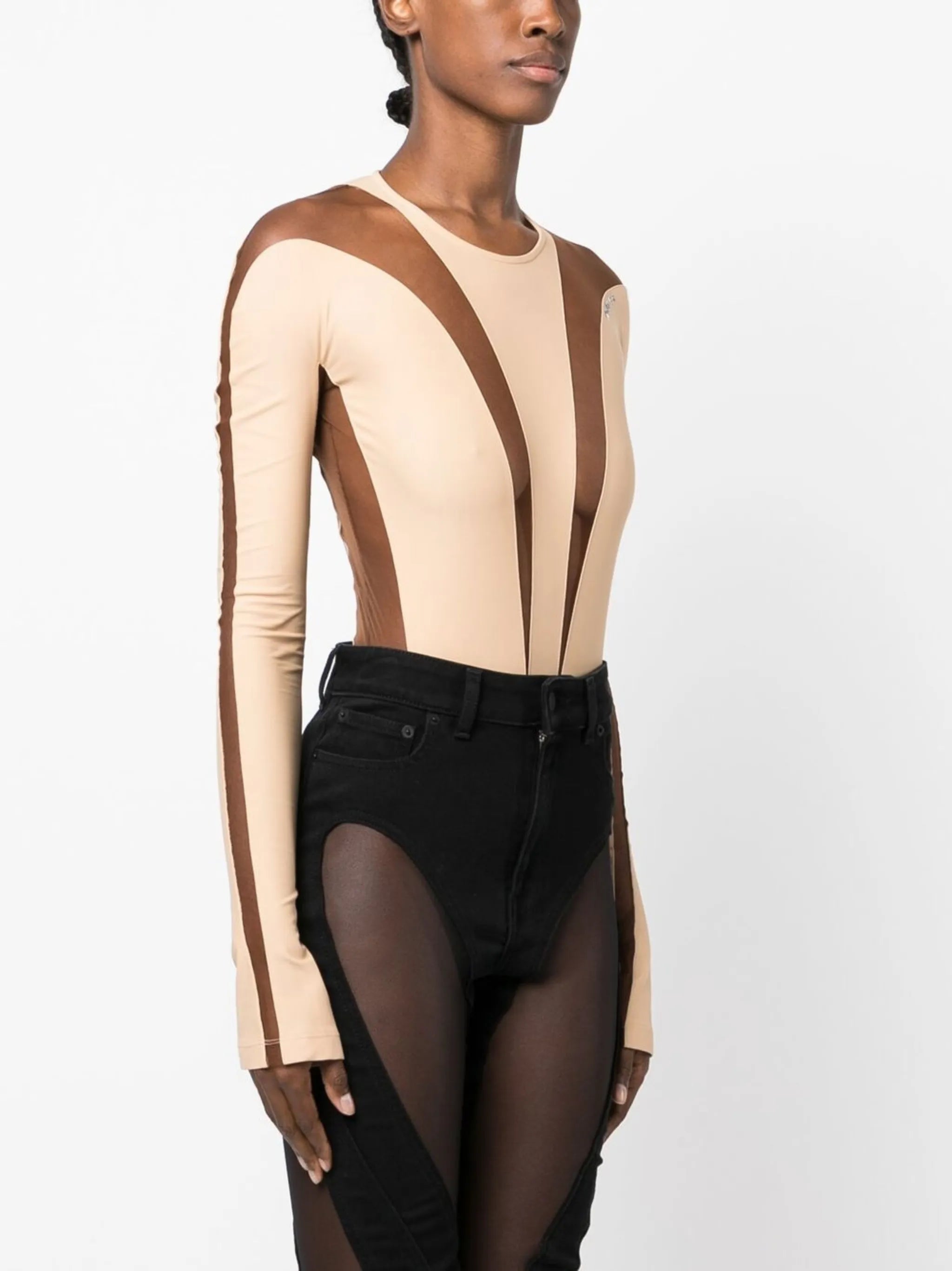 panelled long-sleeve sheer bodysuit