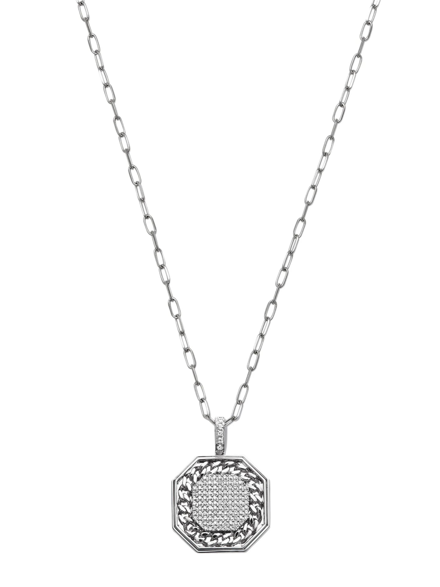 18K white gold link diamond border pendant necklace
