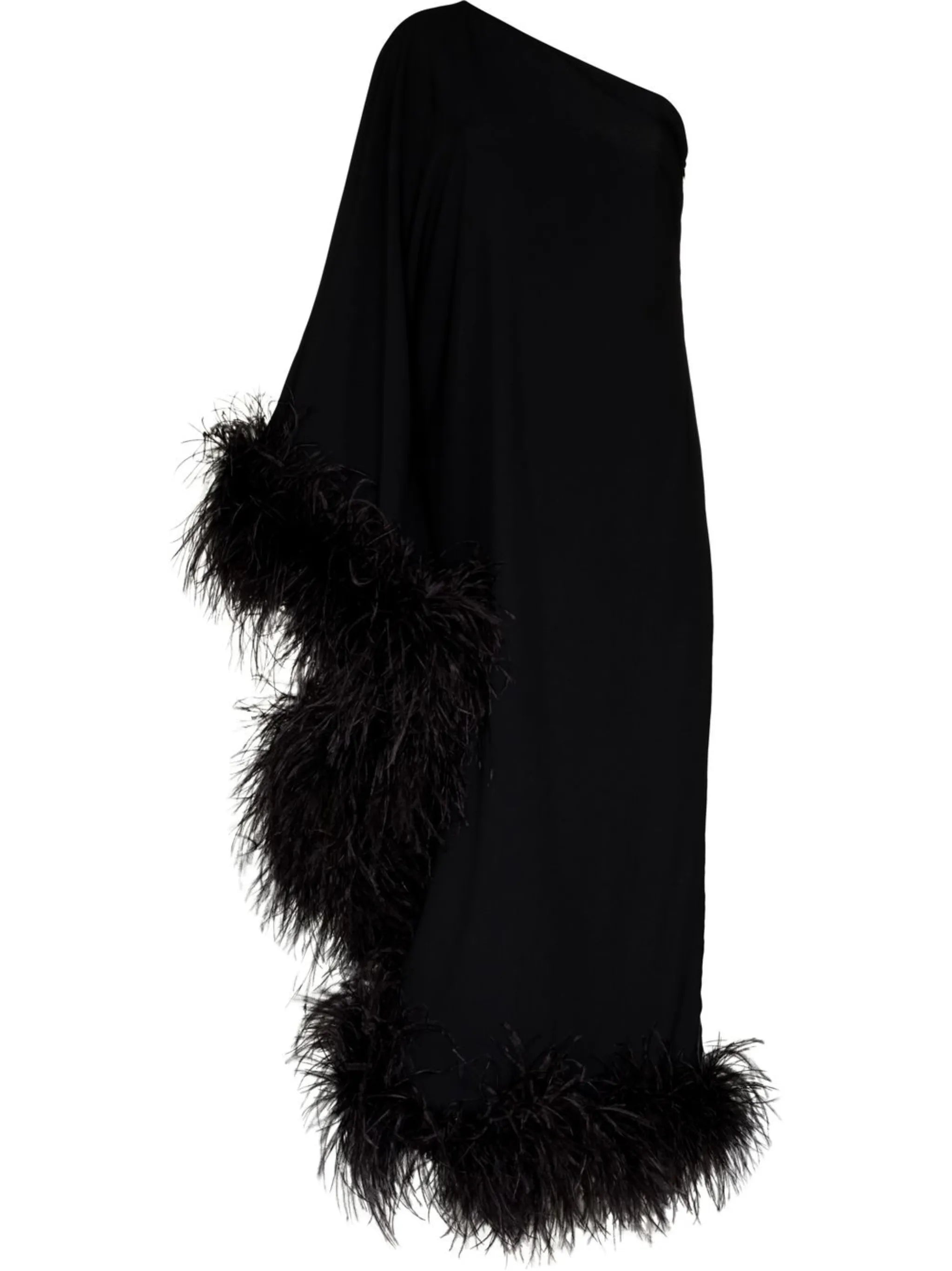 Ubud one-shoulder feather-trim gown