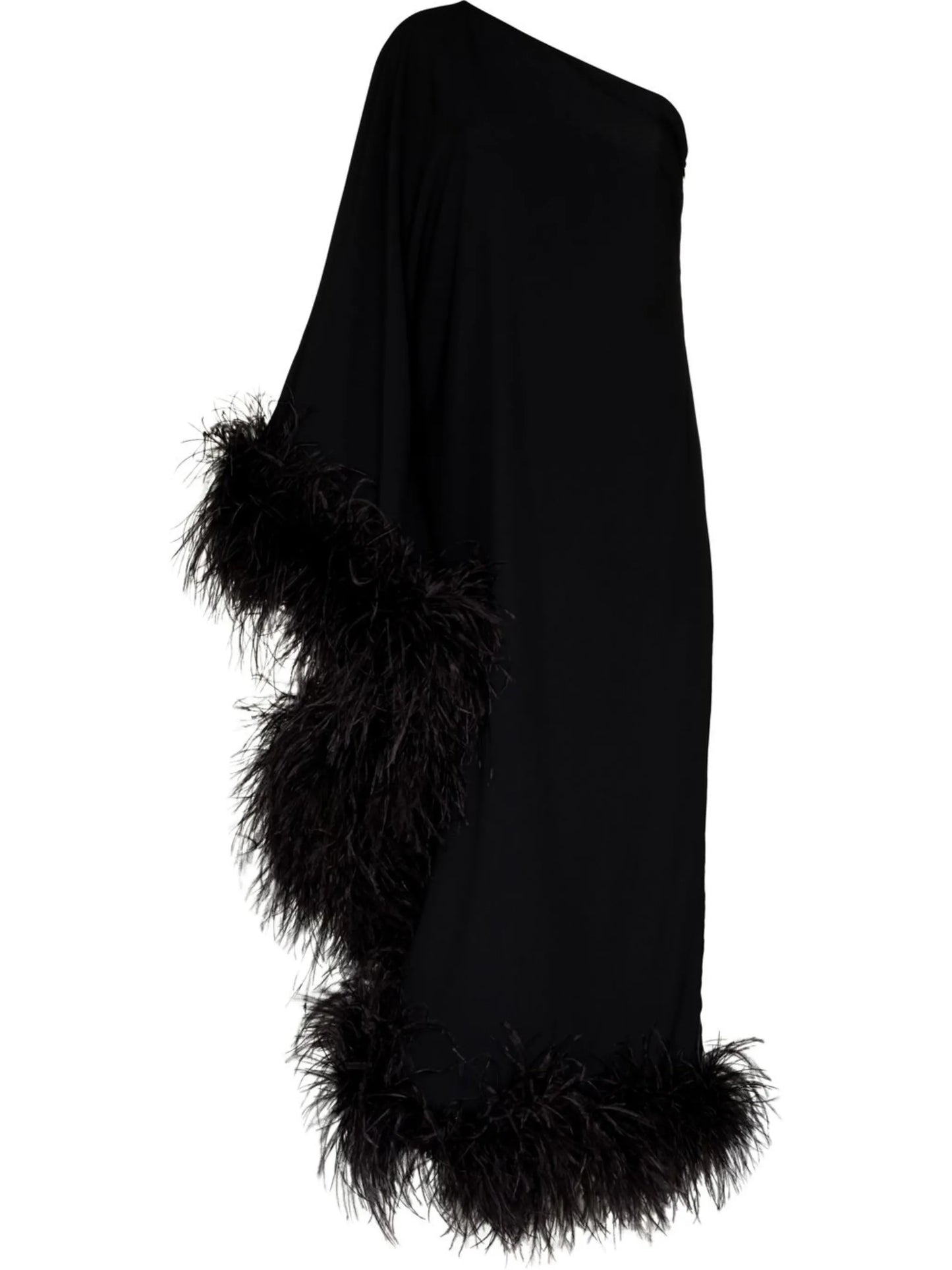 Ubud one-shoulder feather-trim gown