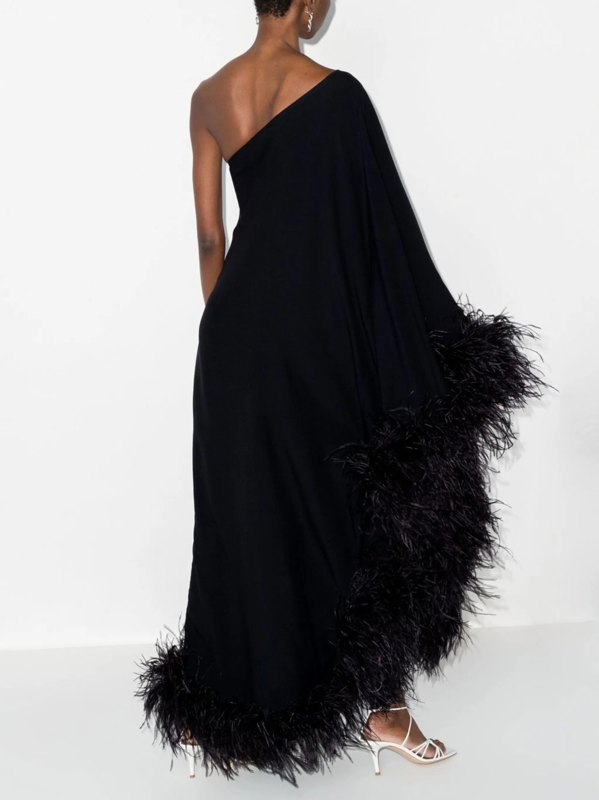 Ubud one-shoulder feather-trim gown