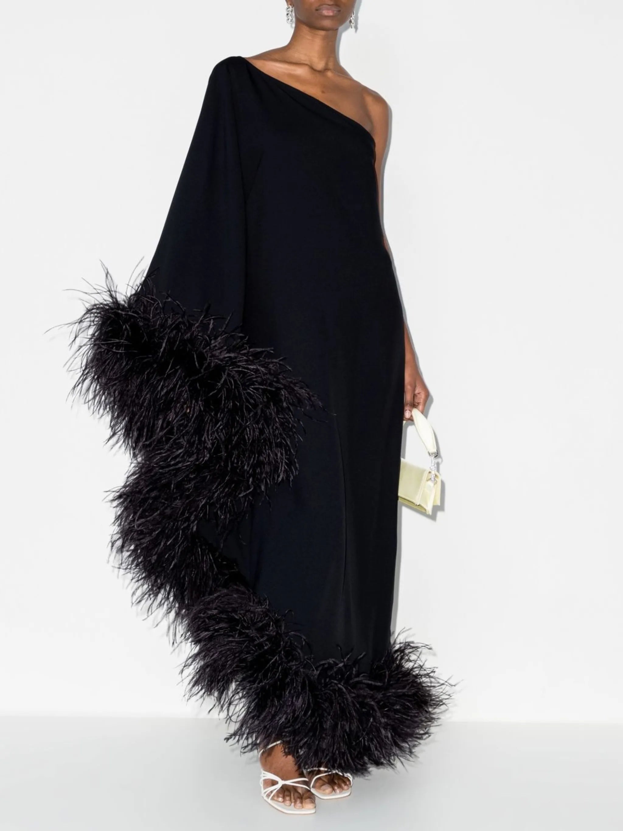 Ubud one-shoulder feather-trim gown