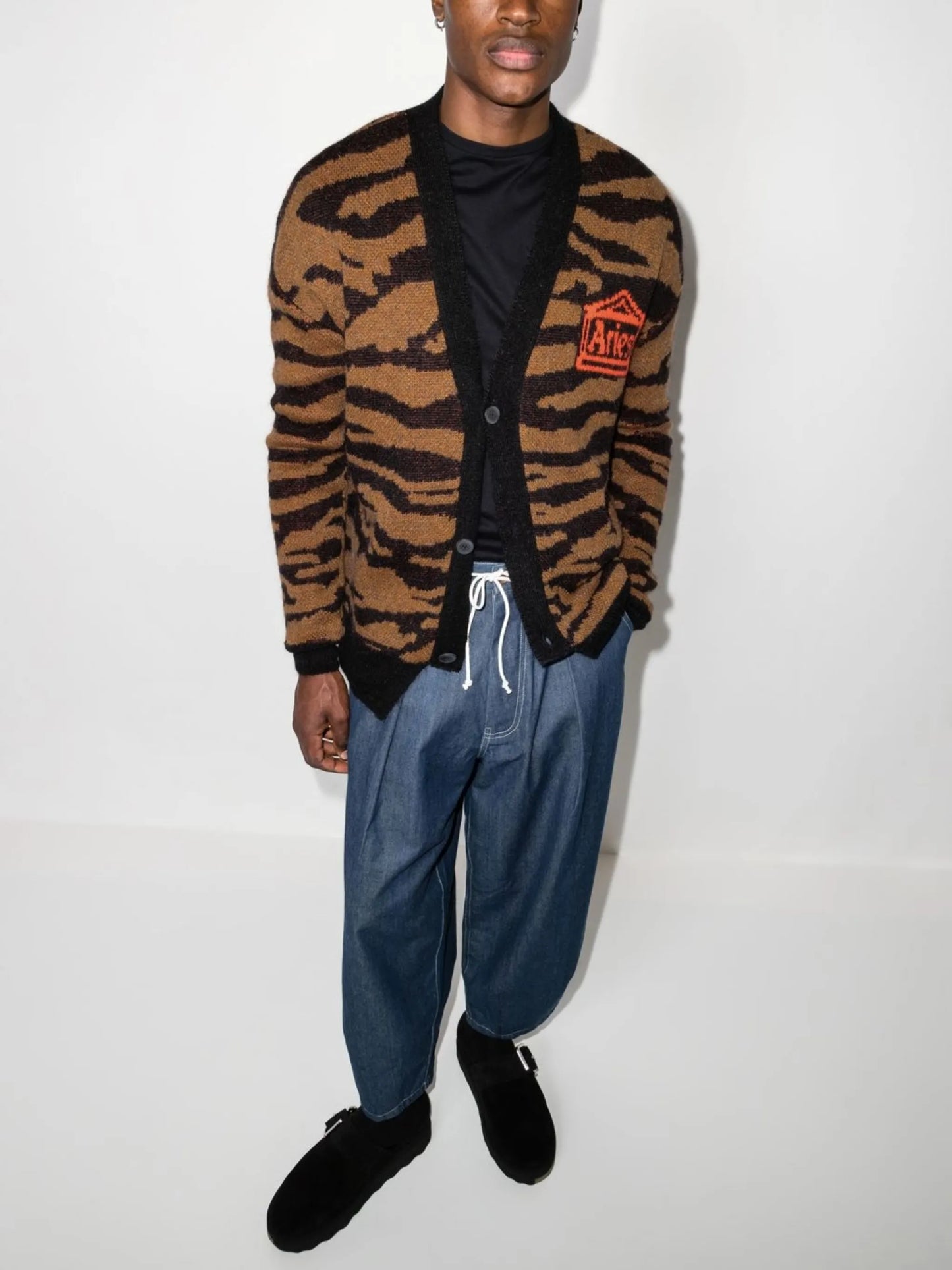 tiger-intarsia button-up cardigan