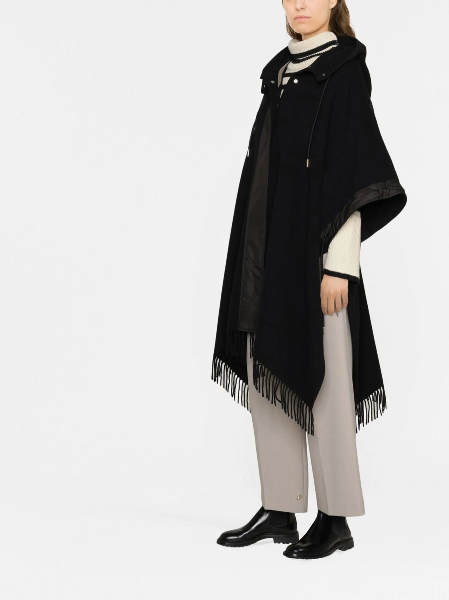 fringe-detail wool cape
