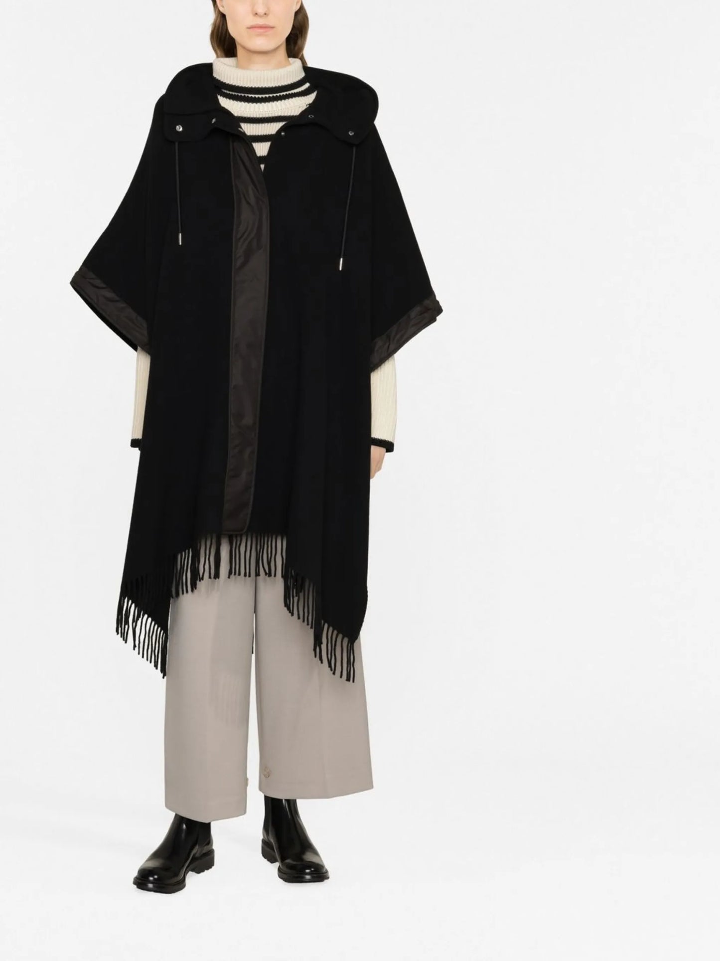 fringe-detail wool cape