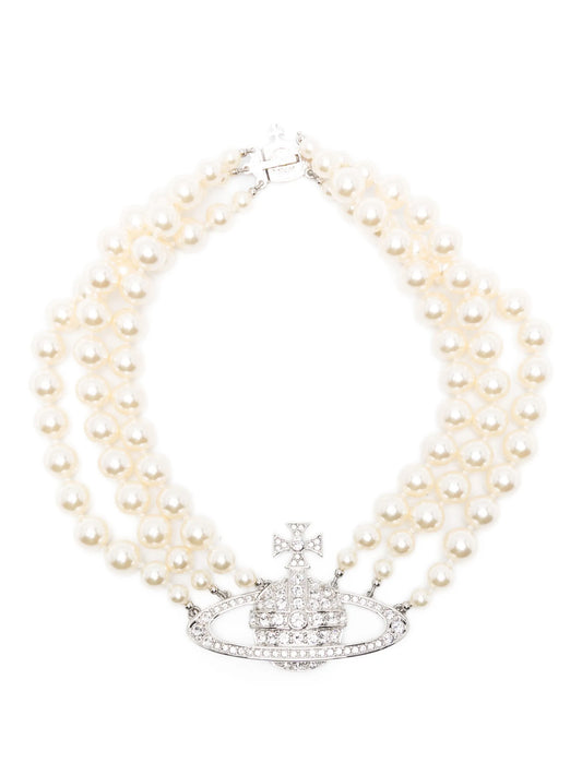 three row pearl bas relief necklace