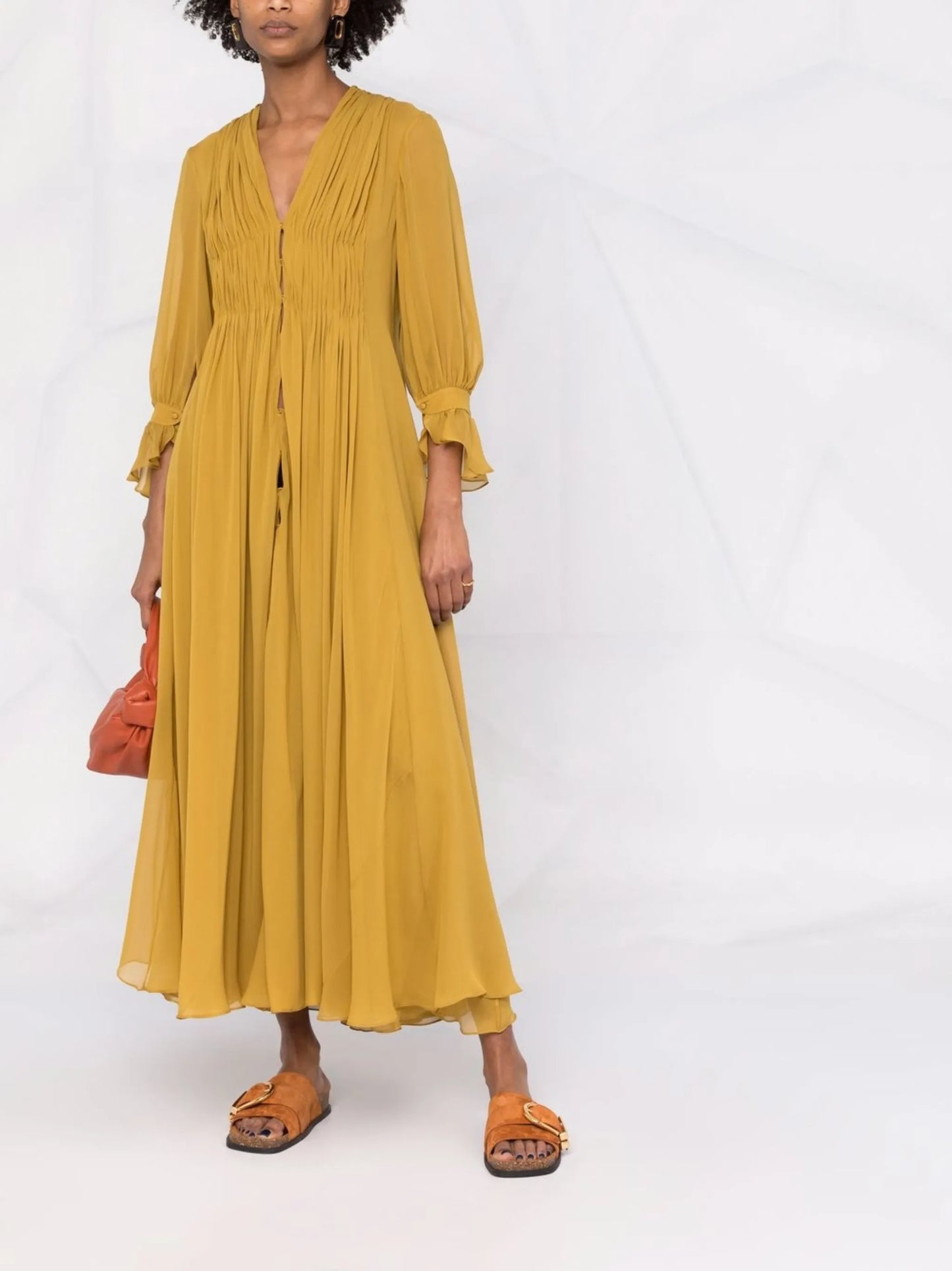 V-neck gathered-detail dress