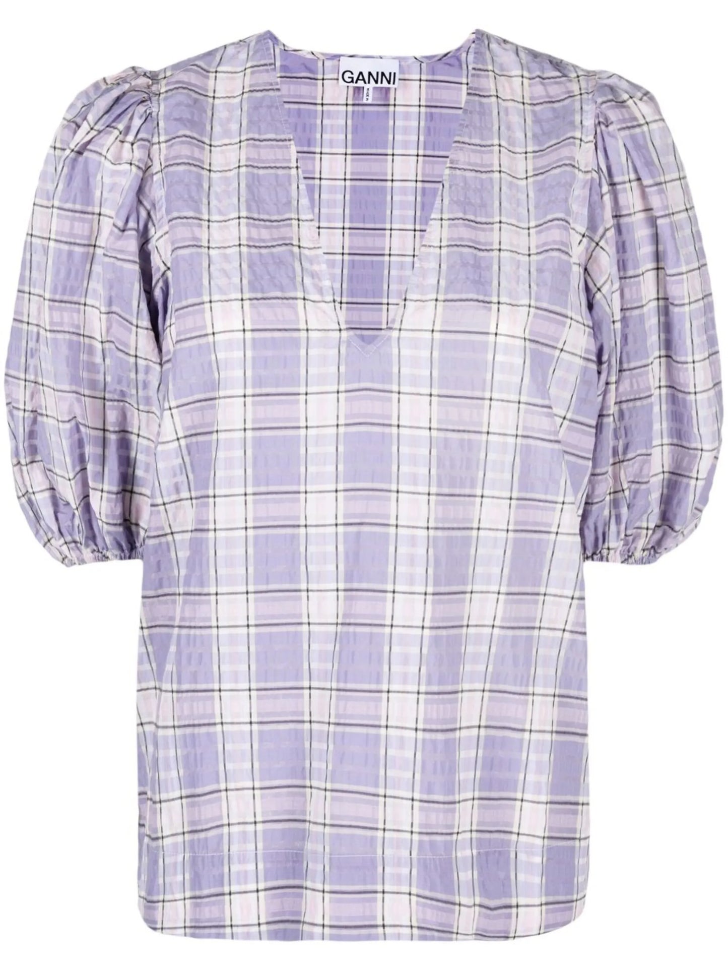 check-patterned puff sleeve blouse