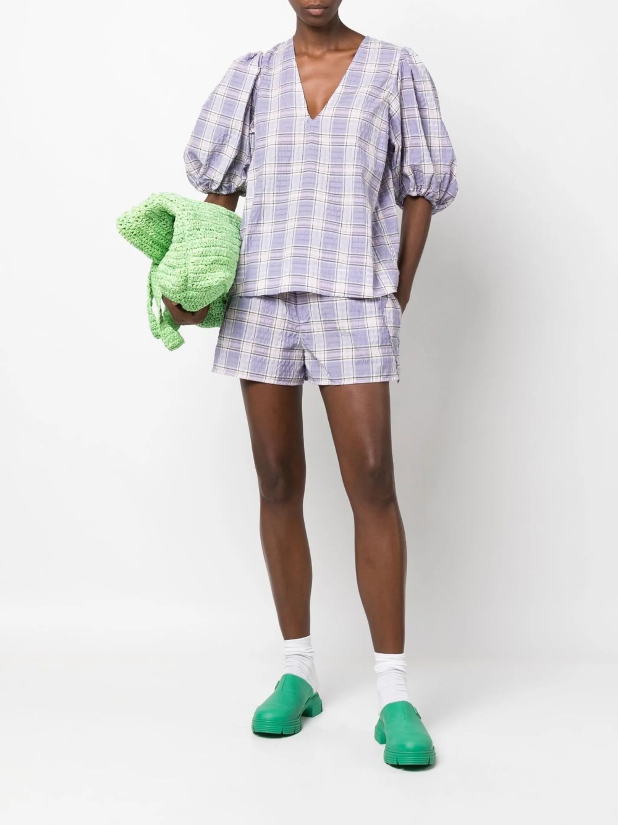 check-patterned puff sleeve blouse