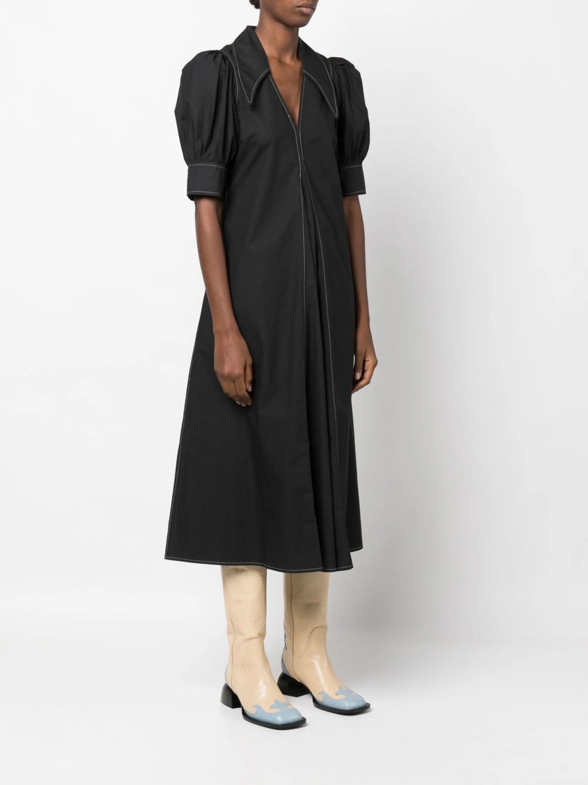 puff-sleeved box-pleat dress