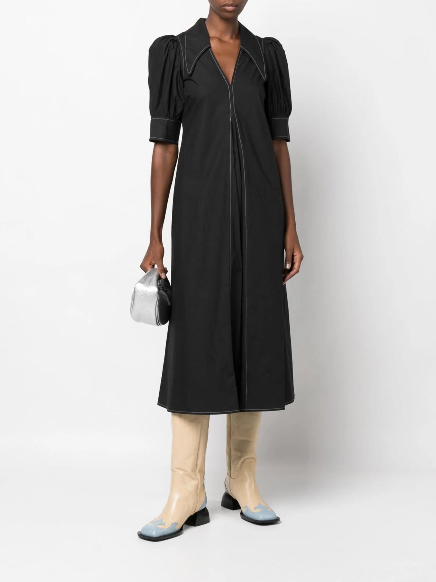 puff-sleeved box-pleat dress