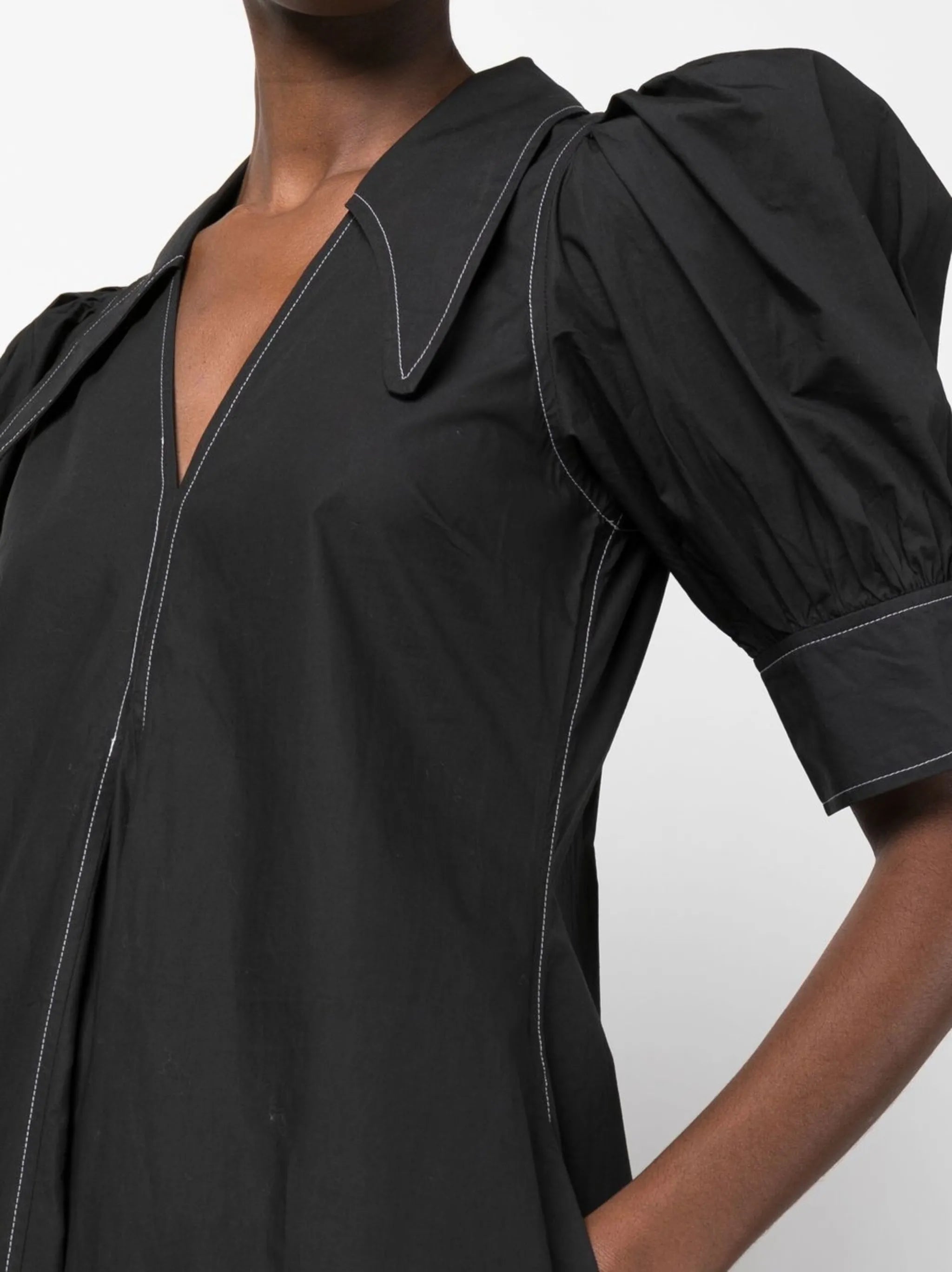 puff-sleeved box-pleat dress