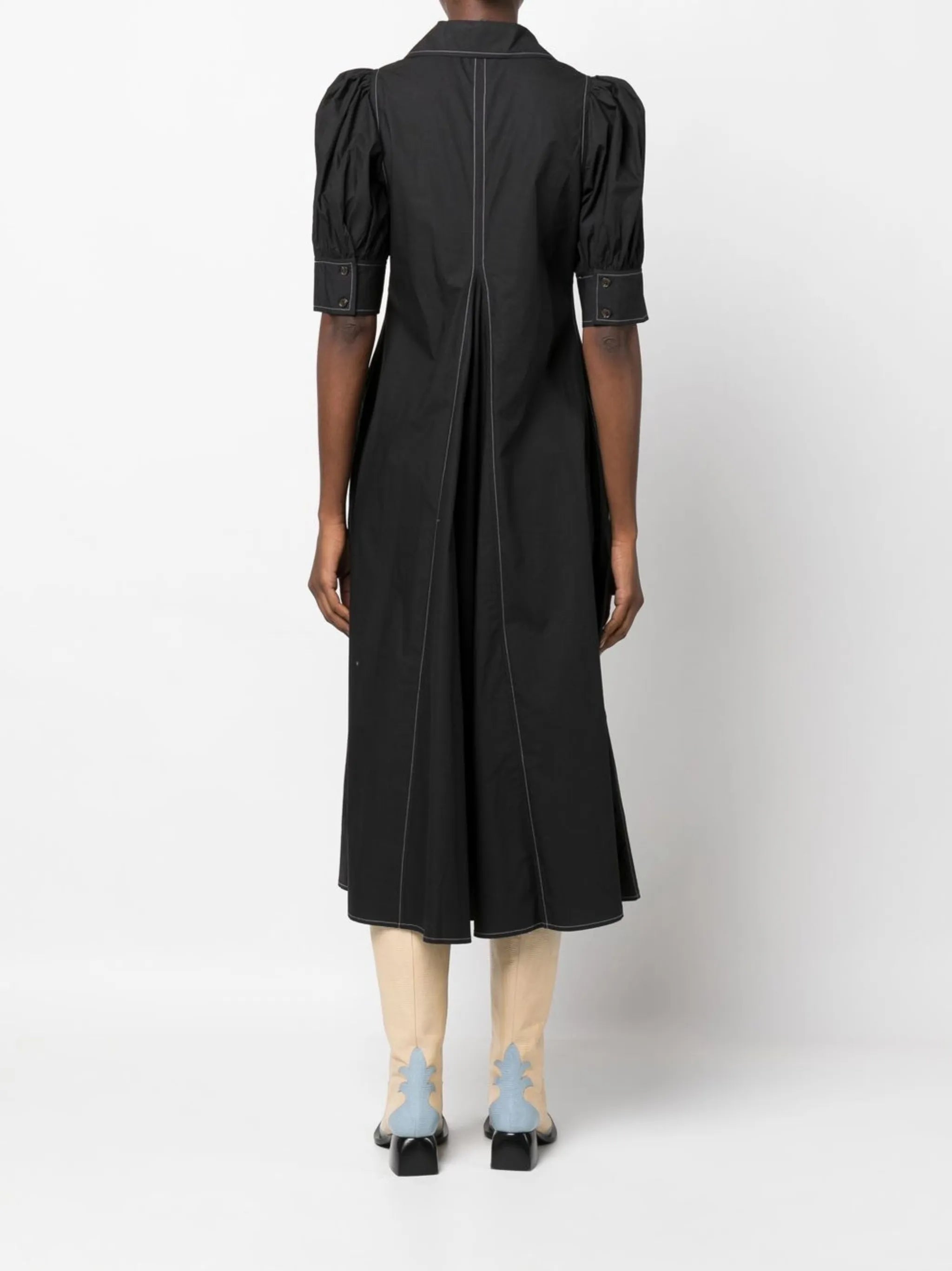 puff-sleeved box-pleat dress