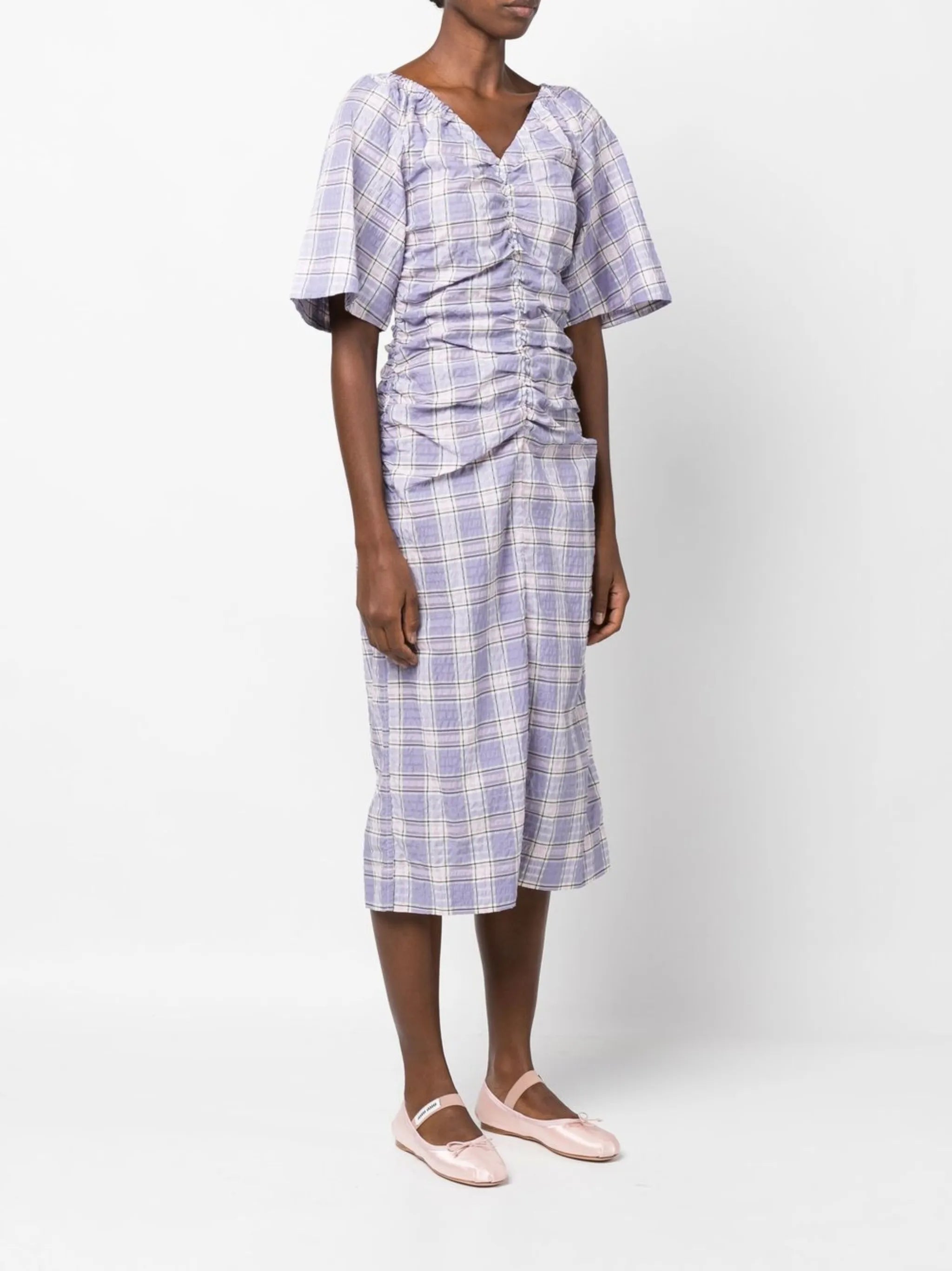 checked draped midi dress