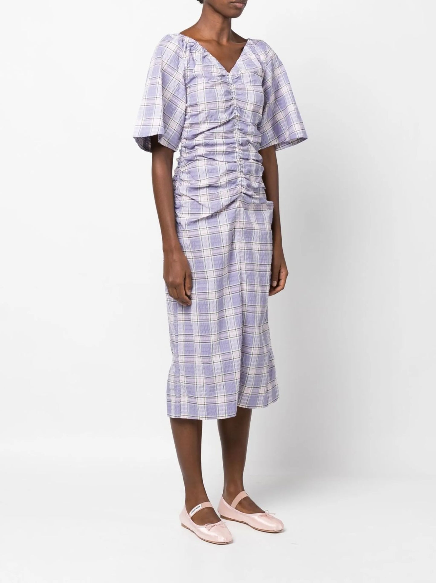 checked draped midi dress