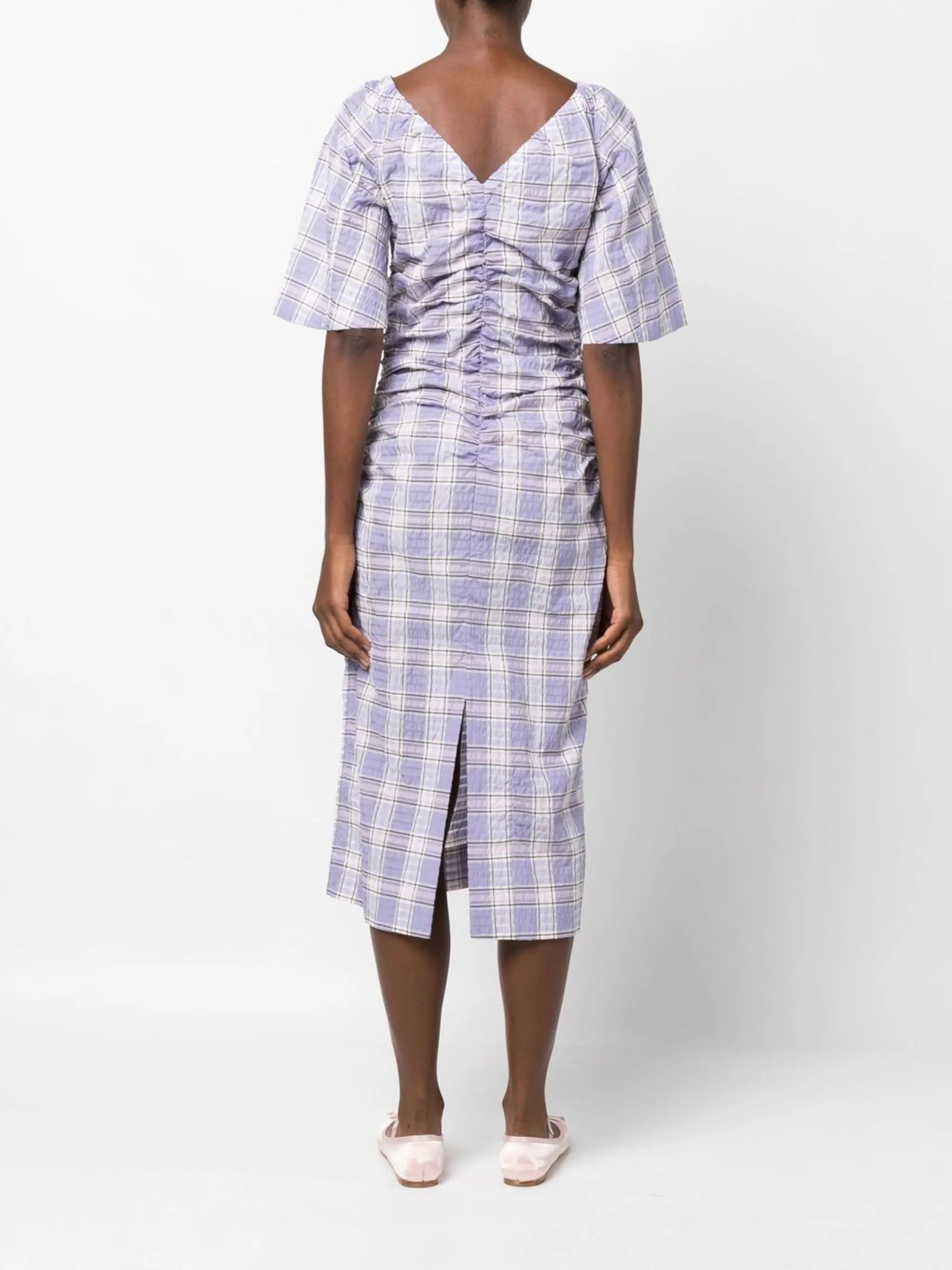 checked draped midi dress