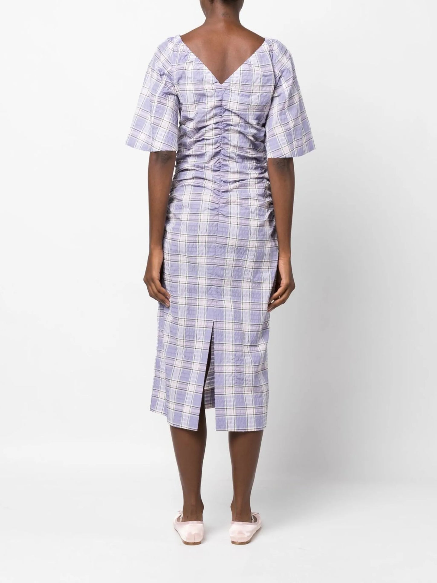 checked draped midi dress