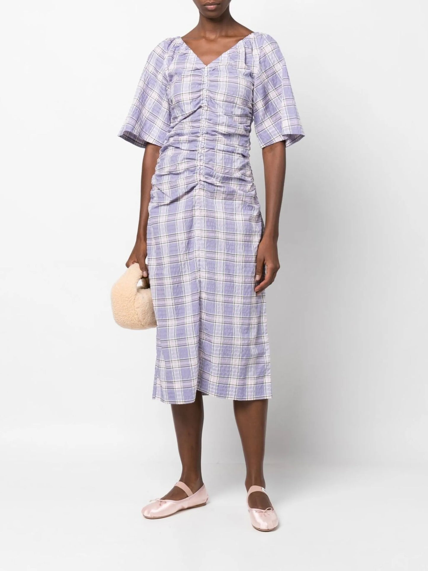 checked draped midi dress