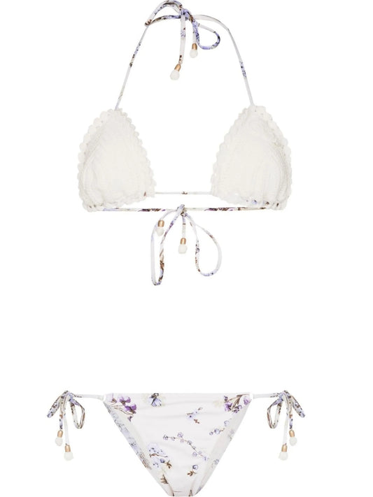 crochet floral-print bikini