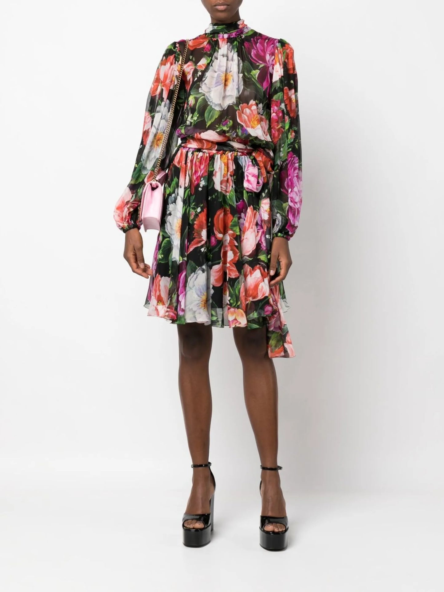 floral-print pussybow silk dress