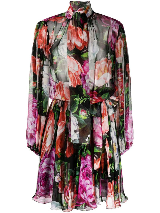 floral-print pussybow silk dress