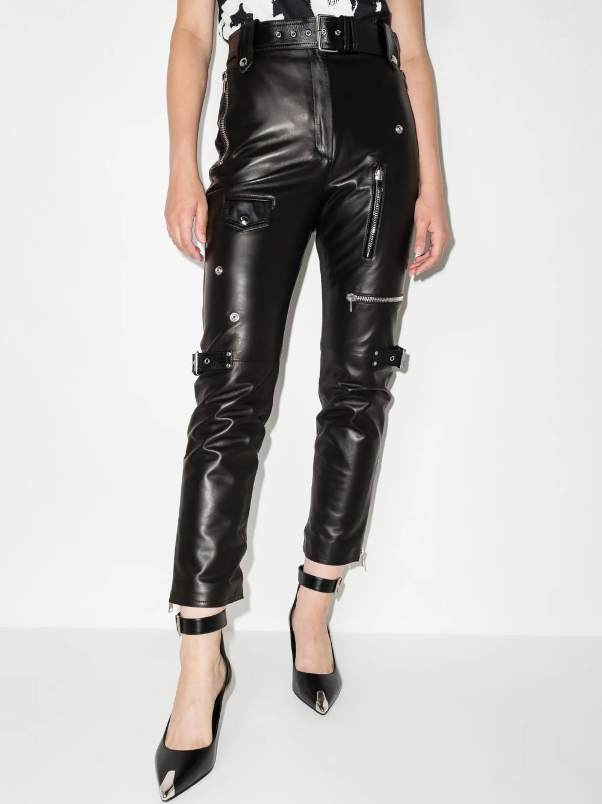 polished-finish high-waisted trousers