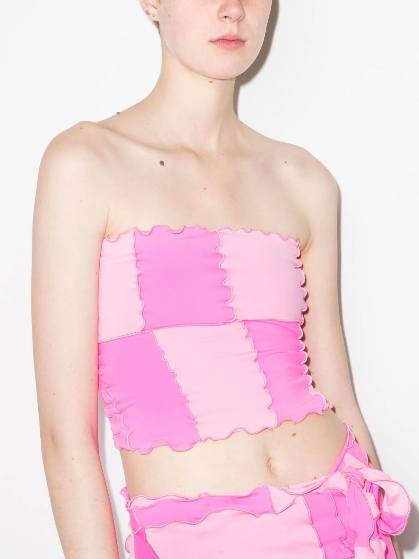 lettuce-trim chequered strapless tube top