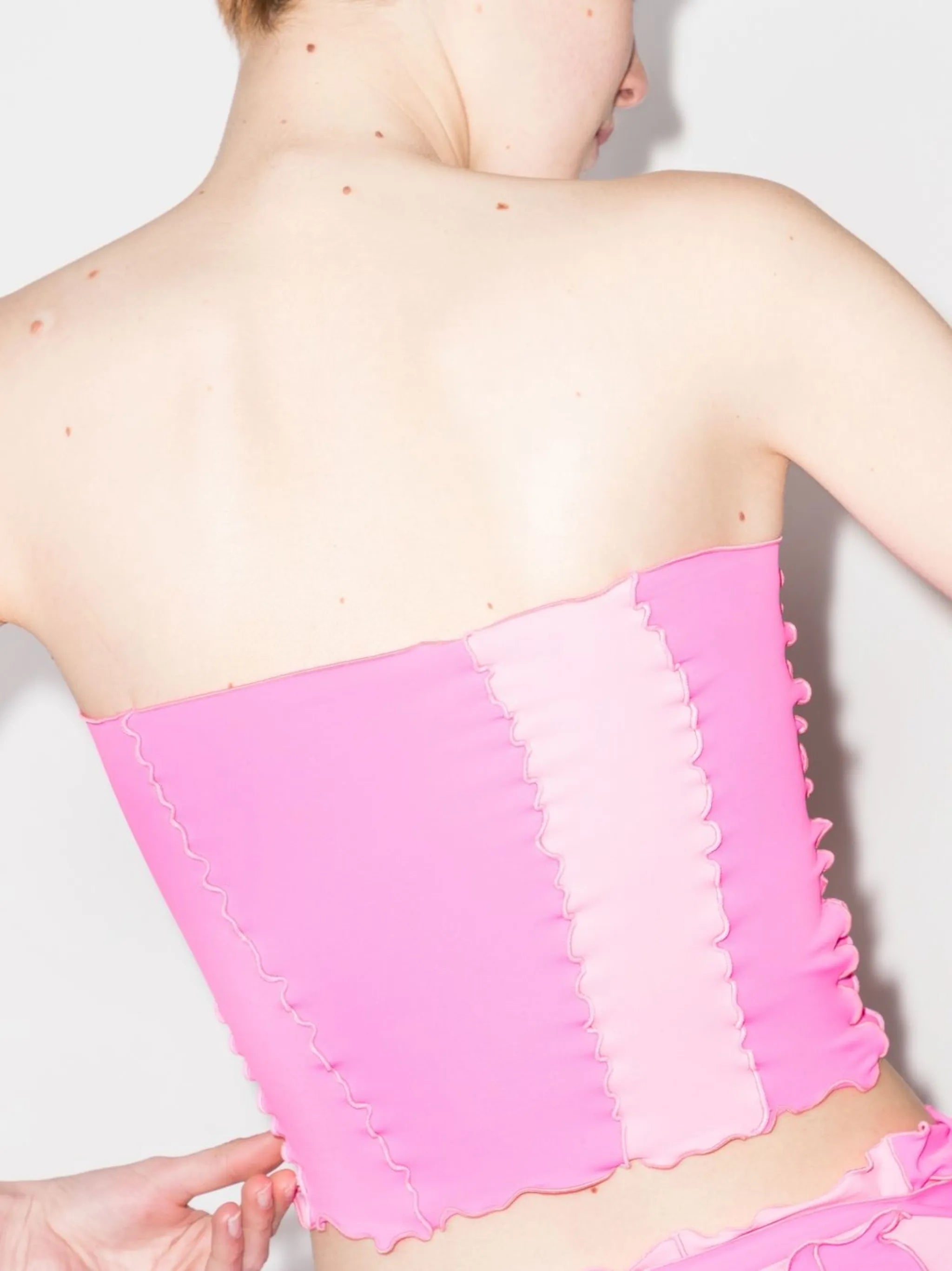 lettuce-trim chequered strapless tube top
