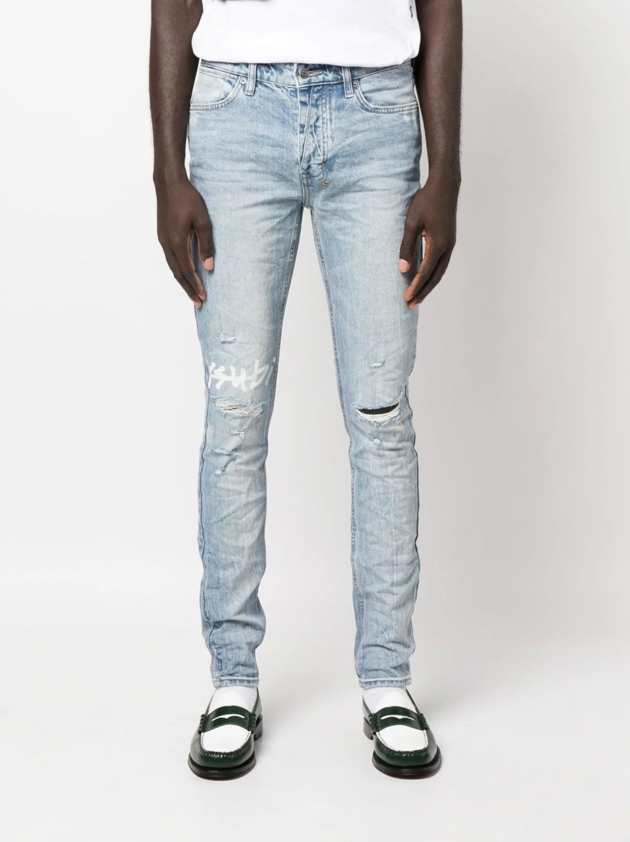 logo-print distressed skinny-cut jeans