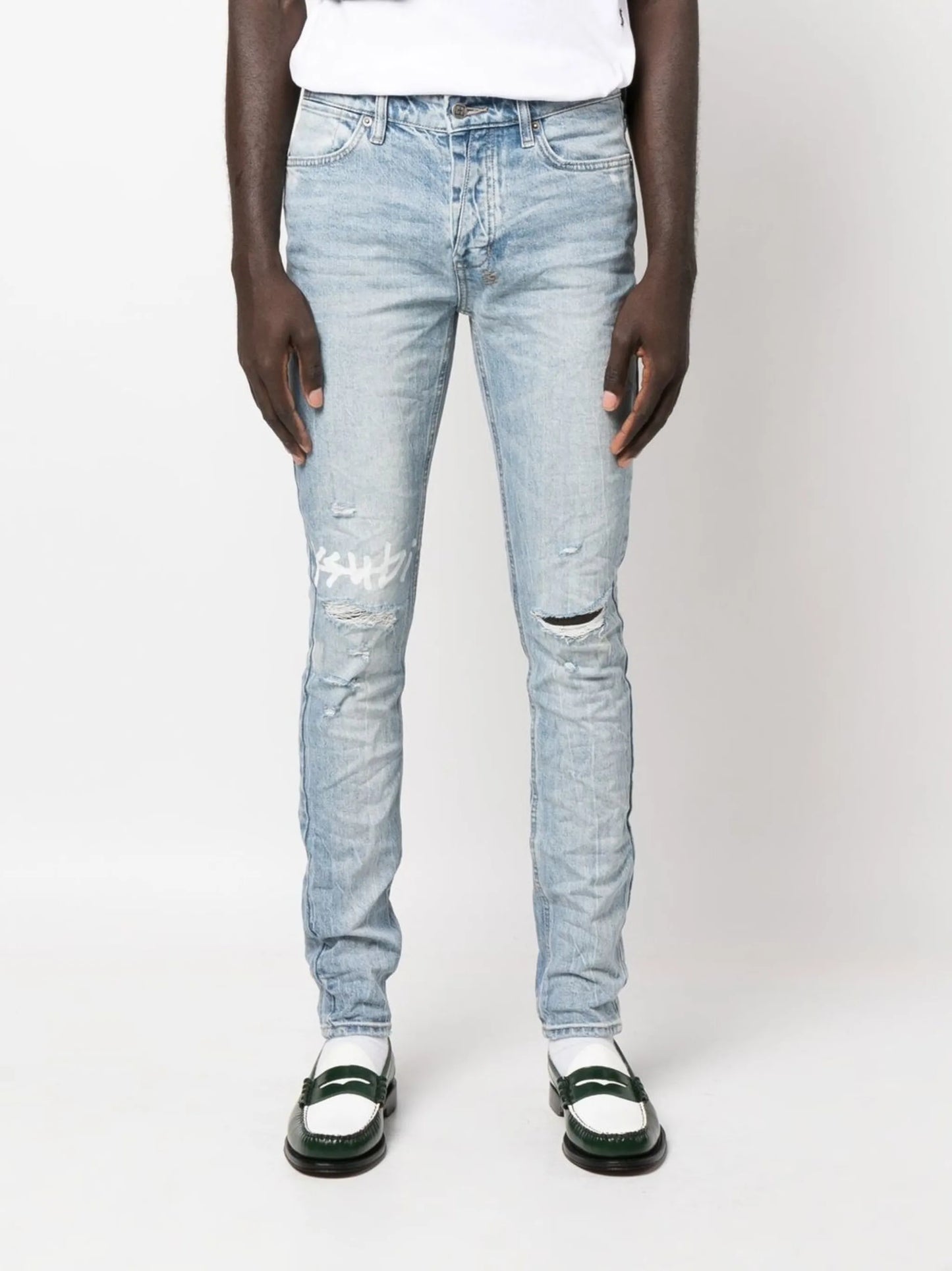 logo-print distressed skinny-cut jeans