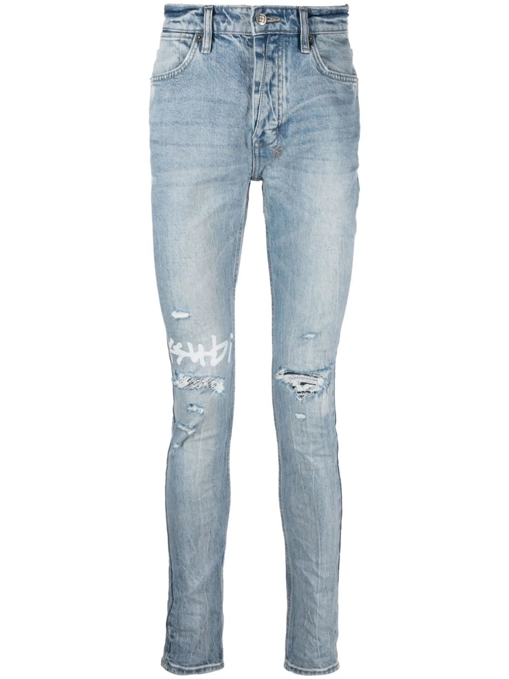 logo-print distressed skinny-cut jeans