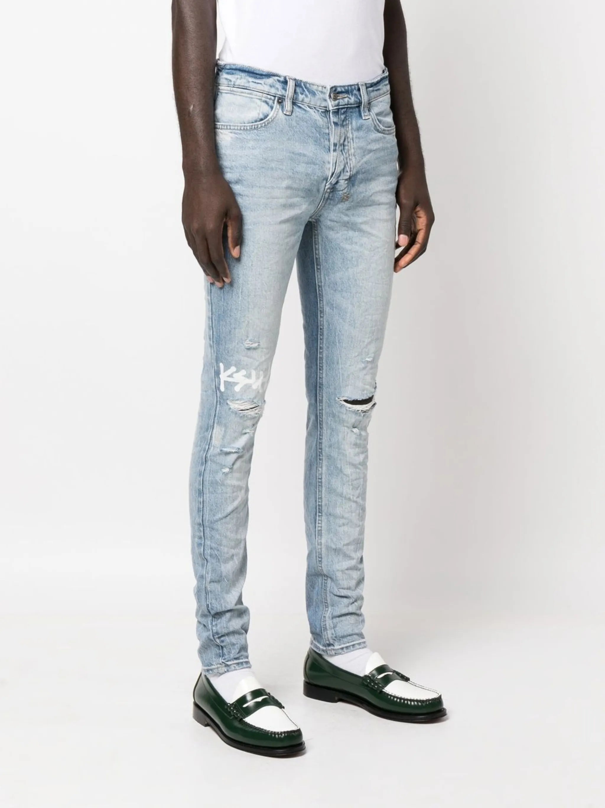 logo-print distressed skinny-cut jeans