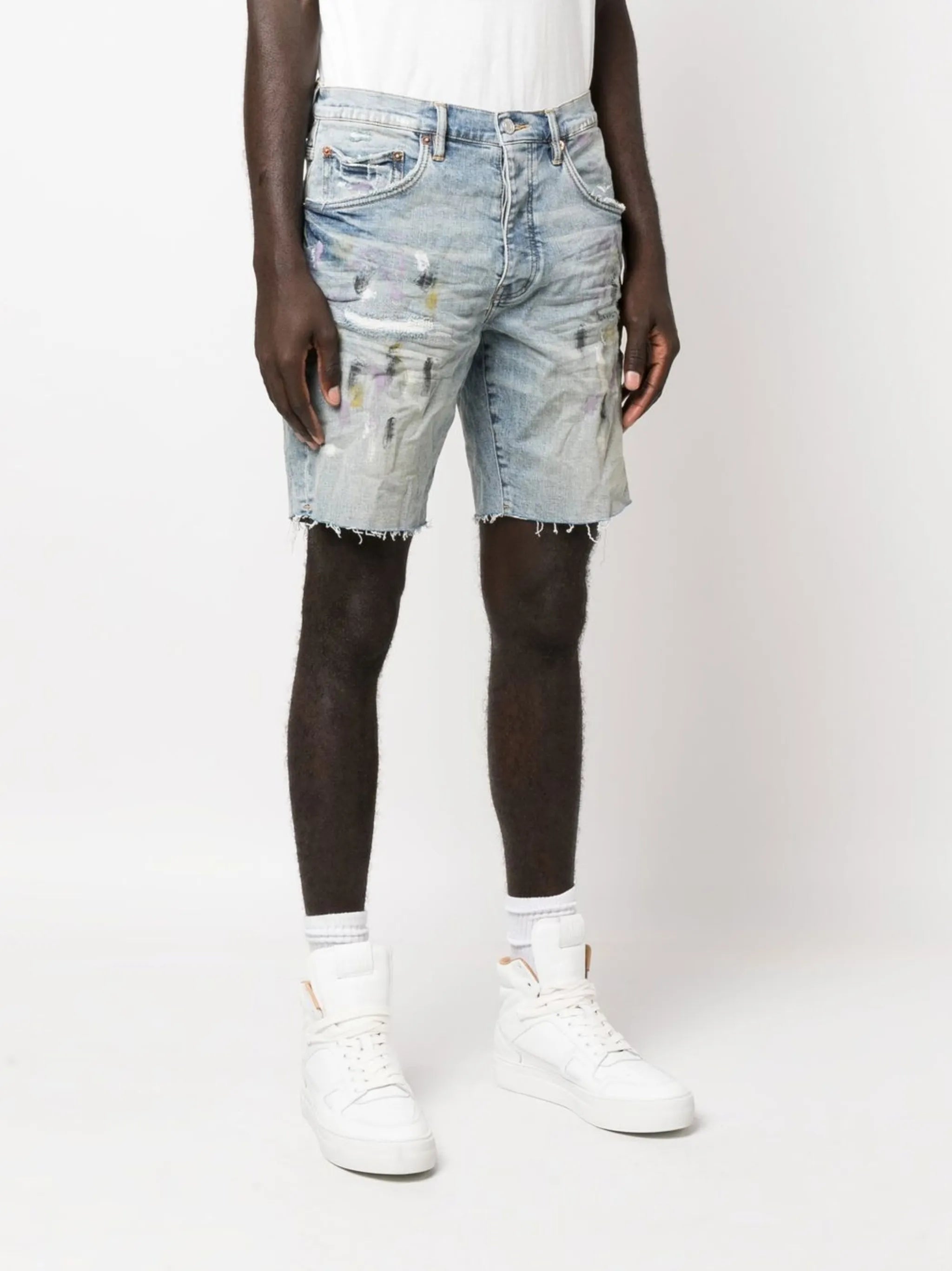 paint-splatter denim shorts