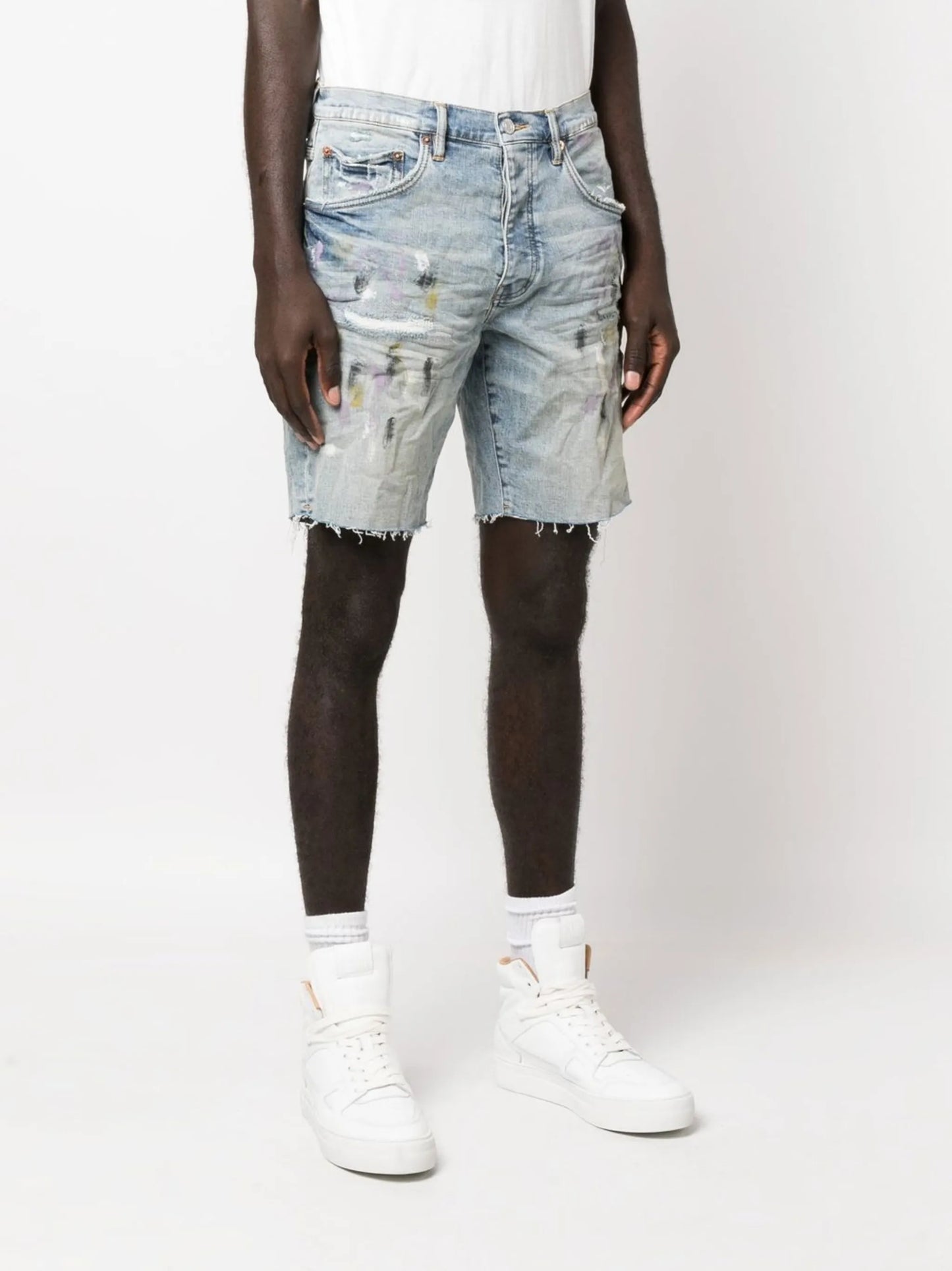 paint-splatter denim shorts