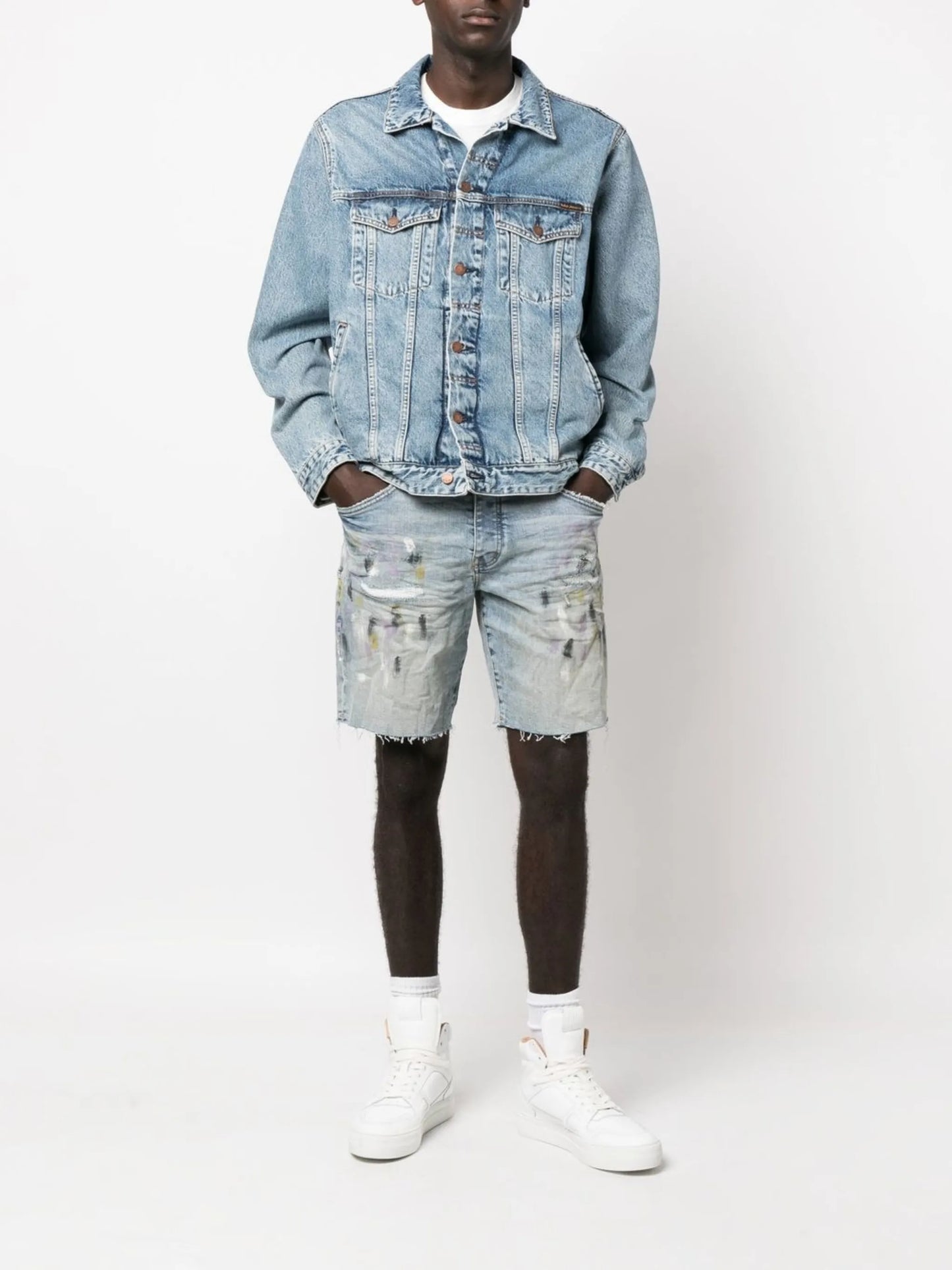 paint-splatter denim shorts