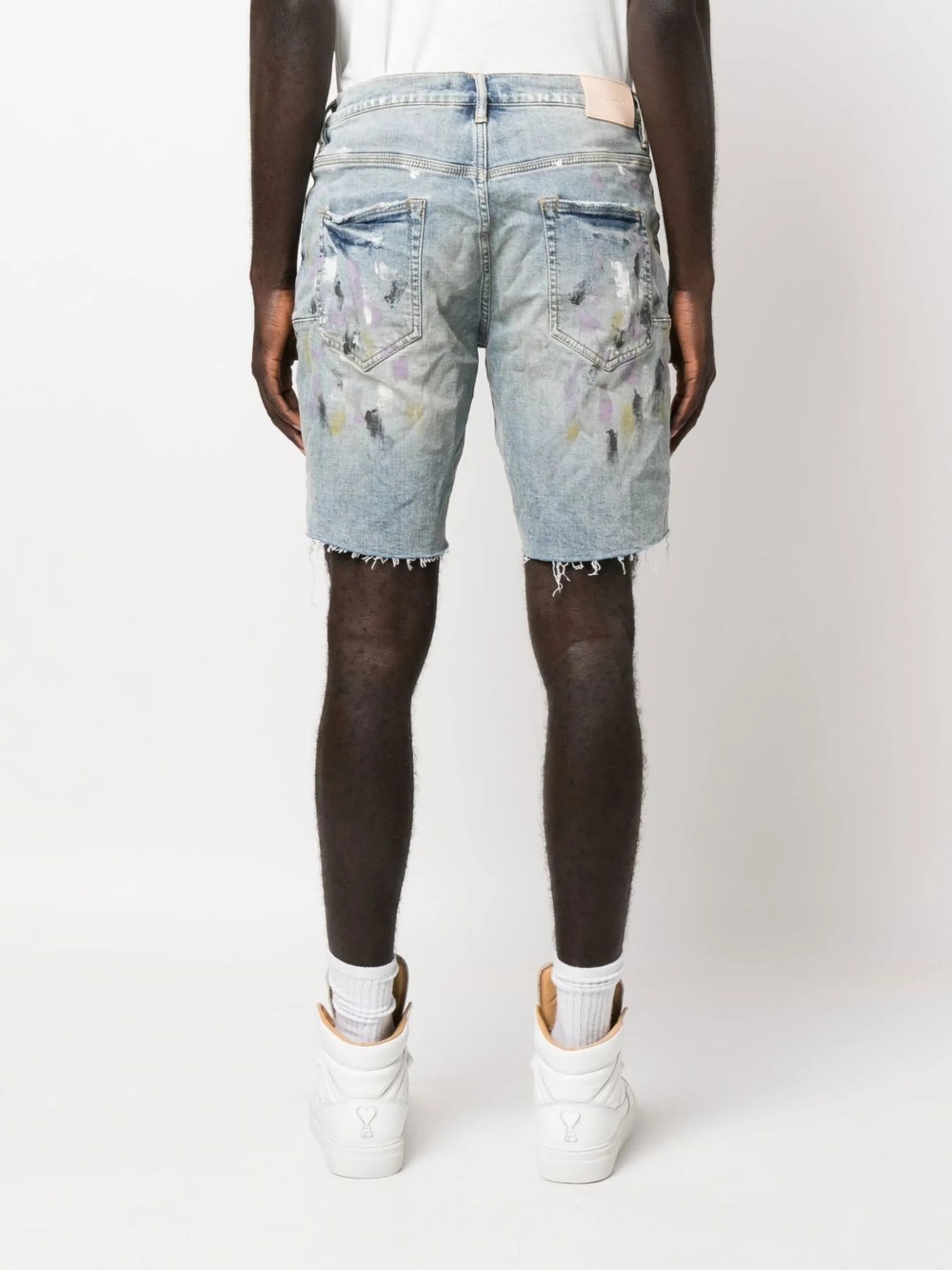 paint-splatter denim shorts