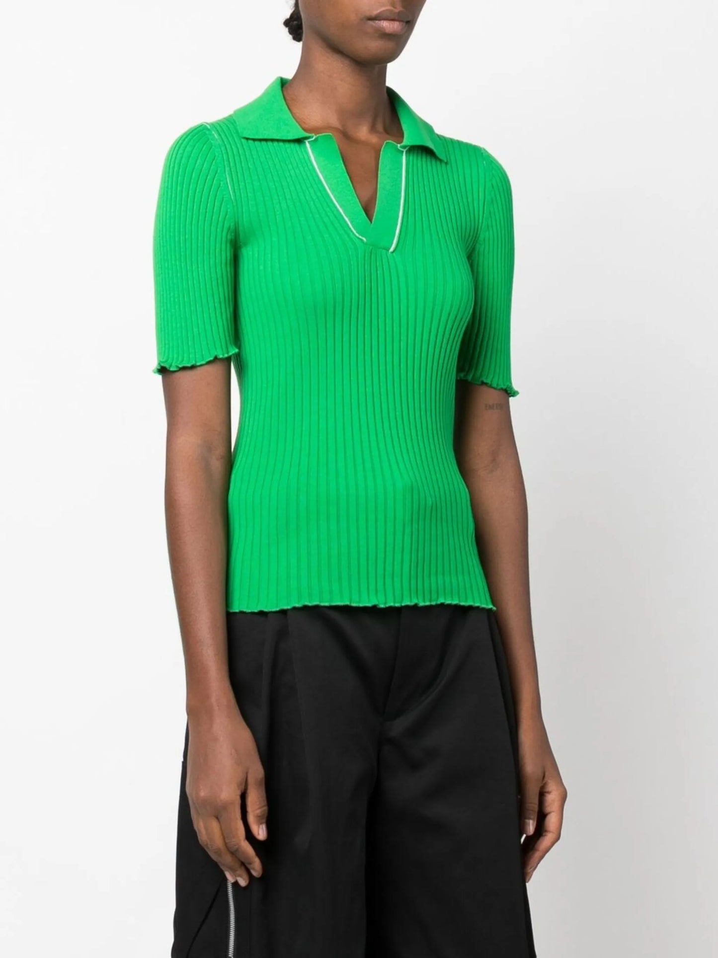 ribbed-knit cotton polo top