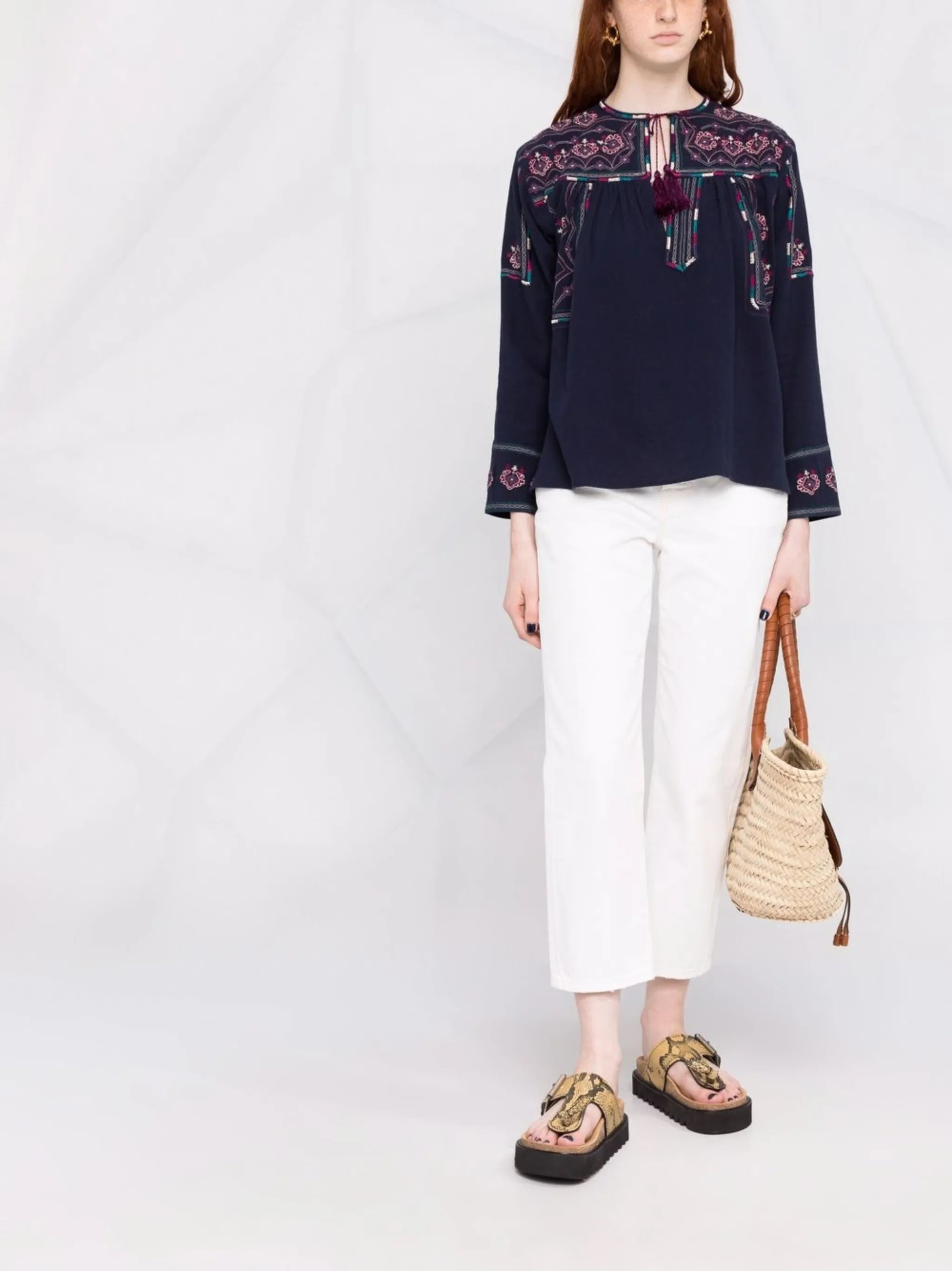 embroidered long-sleeve blouse