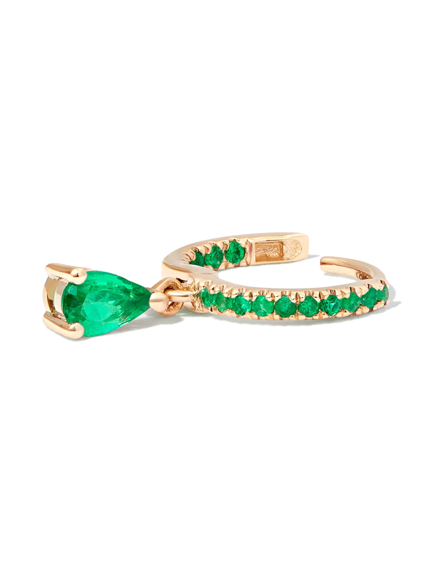 14kt yellow gold emerald pear drop huggie hoop earring