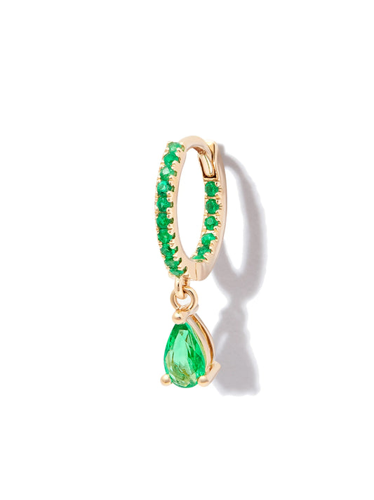 14kt yellow gold emerald pear drop huggie hoop earring