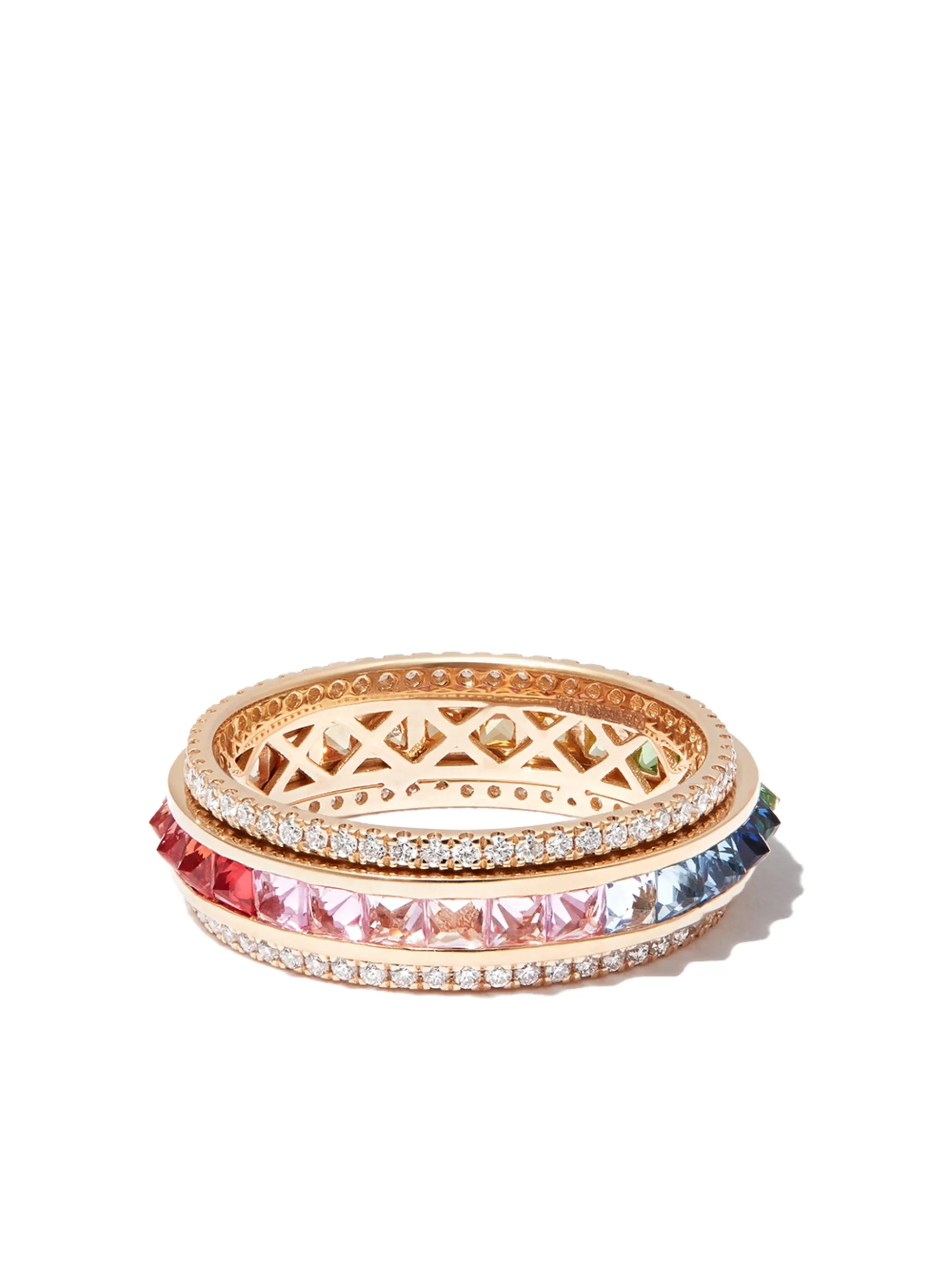 14kt yellow gold Spike Spinner pavé diamond rainbow sapphire ring