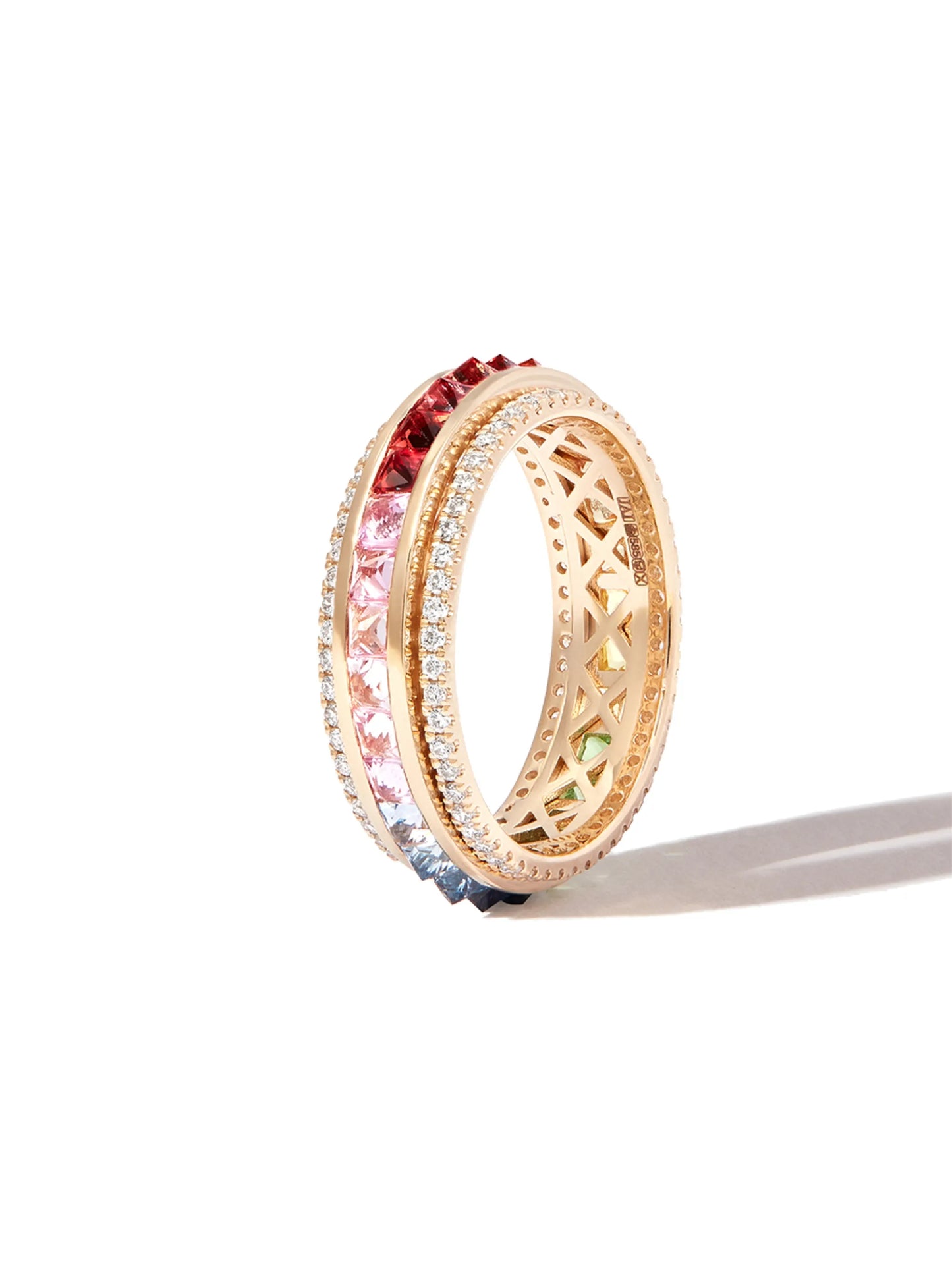 14kt yellow gold Spike Spinner pavé diamond rainbow sapphire ring