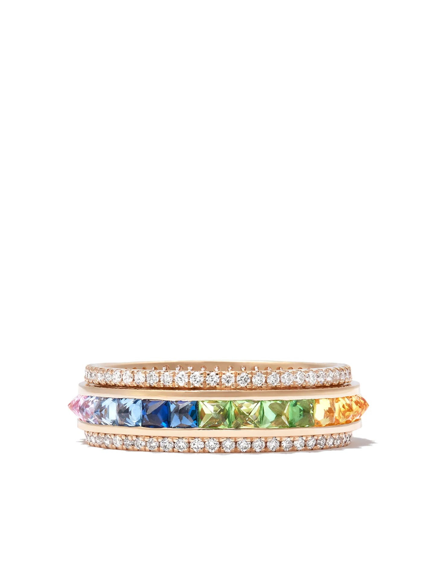 14kt yellow gold Spike Spinner pavé diamond rainbow sapphire ring