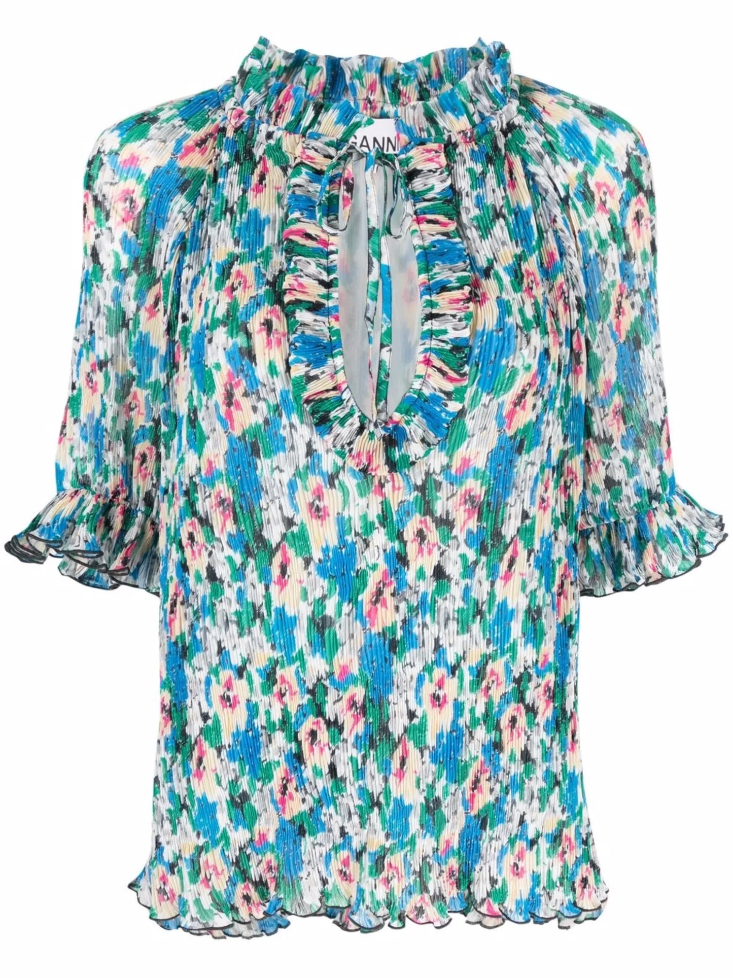 floral-print ruffle blouse