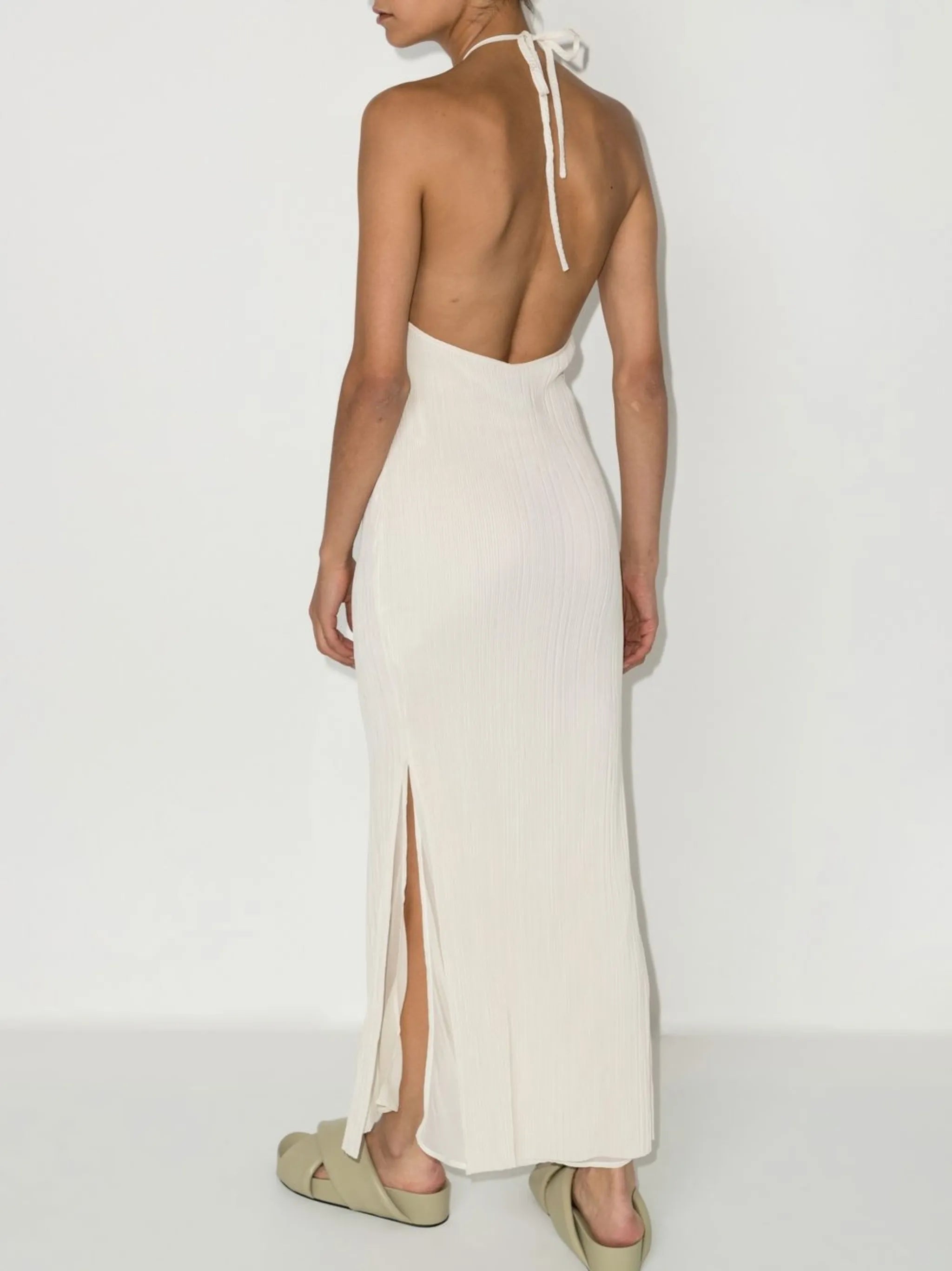 pleated halterneck midi dress