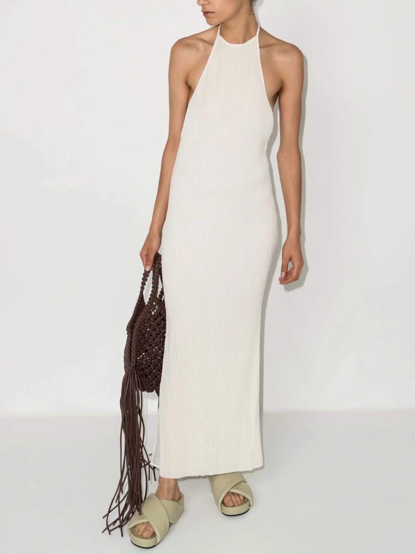 pleated halterneck midi dress